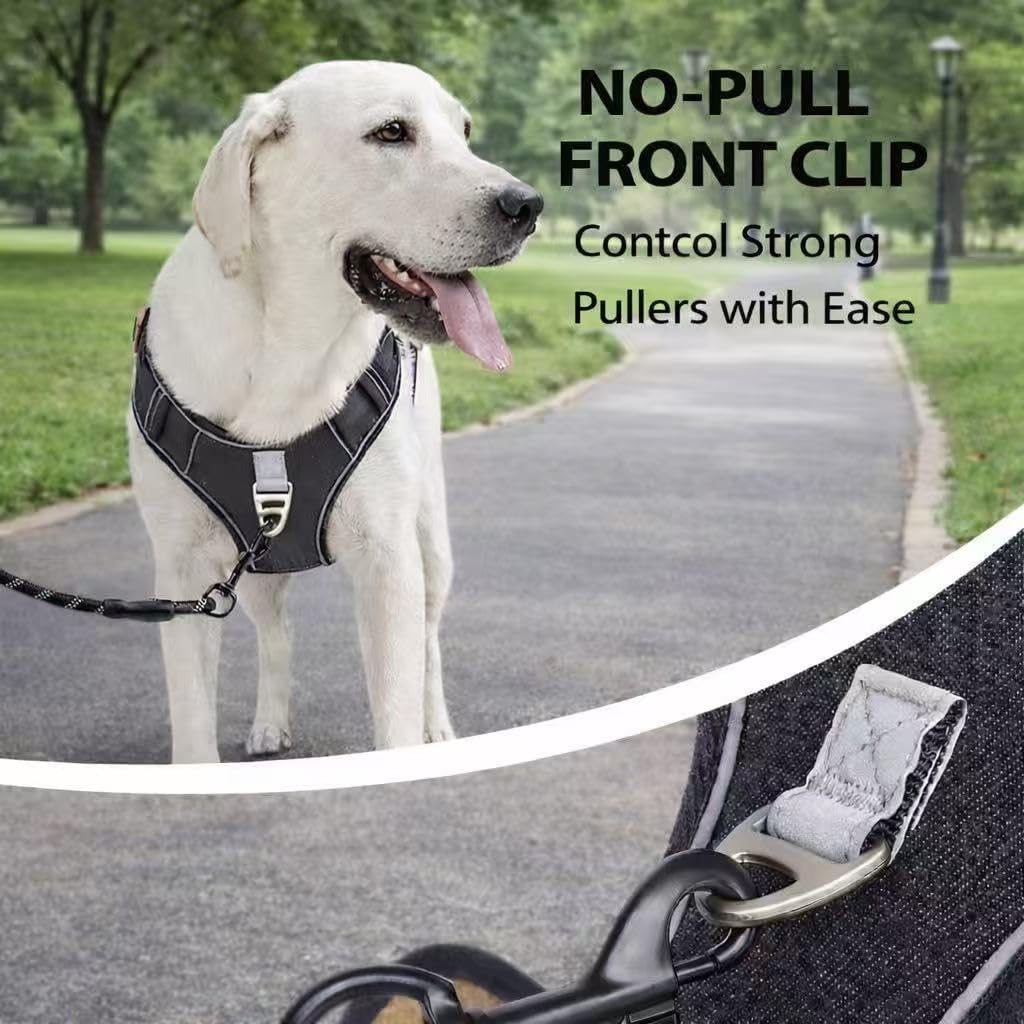 PawWave No Pull Front Clip Dog Harness – Adjustable Padded Denim Vest with Reflective Strips for Small, Medium & Large Dogs (Black, Large)