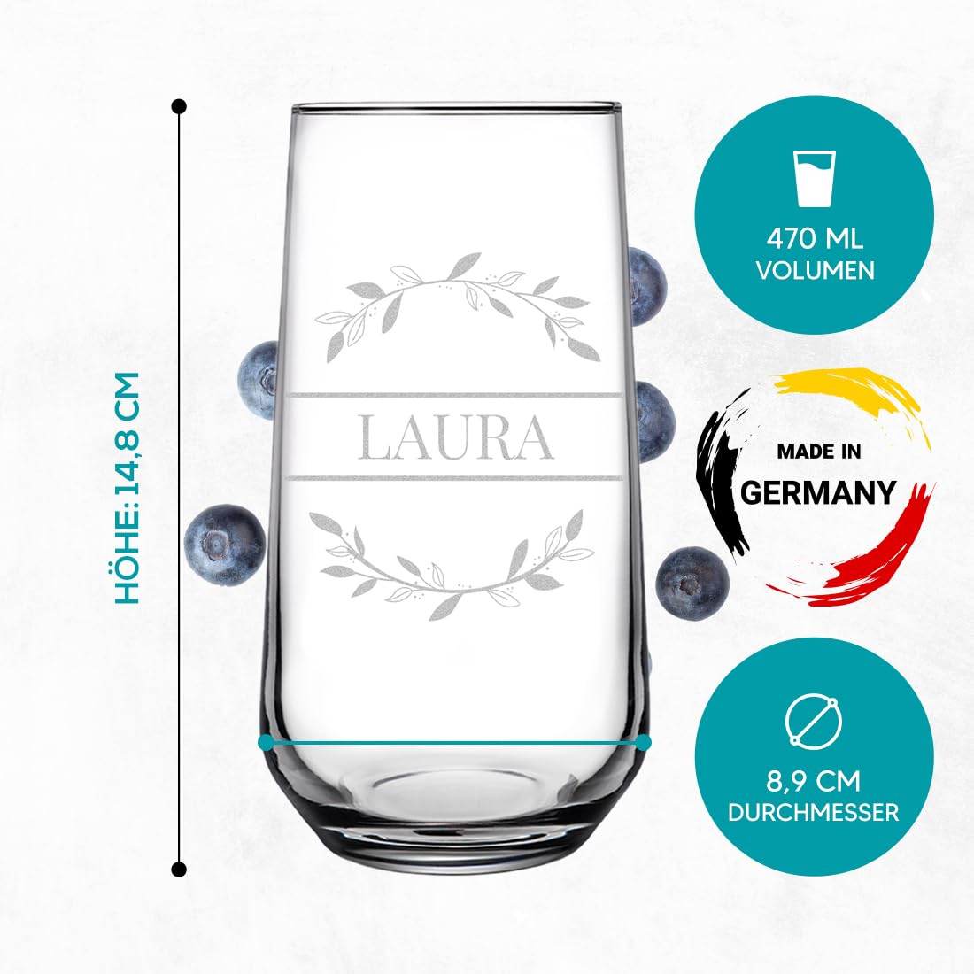 polar-effekt Longdrinkgläser 470 ml 6 Stück mit personalisierter Gravur - Trinkgläser Set mit Namen - Highballgläser für Partys - für Wasser, Saft und Drinks