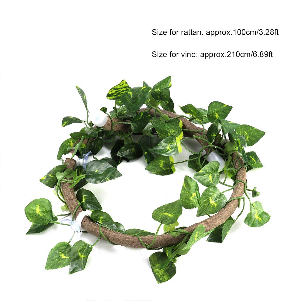 Sztuczna Pnącza dla Gadów z Przyssawkami, 100cm Rattan + 210cm Winorośl, Dekoracja Terrarium dla Kameleona i Gekona