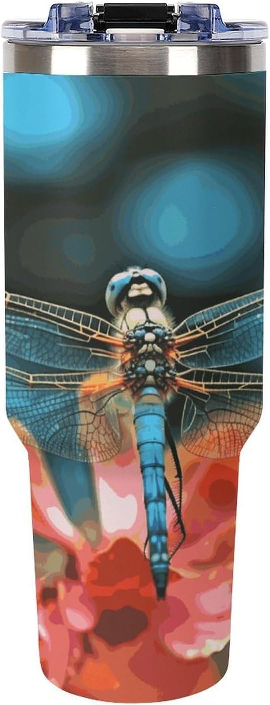 40 Oz Insulated Mug with Handle, Stainless Steel Dragonfly On The Flower Printed Travel Mug Portable Leak-proof Large Car Mug for Home, Office Or Car