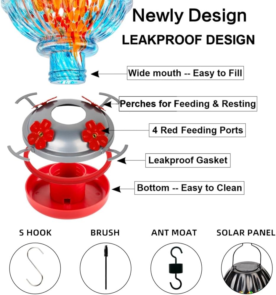 Solar Hummingbird Feeder with Perch 48 OZ Hand Blown Glass Hummingbird Feeder for Outdoors Hanging Include Accessories (Blue)