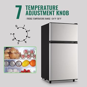 WANAI Double Door Small Refrigerator with Freezer-on-top, 3.5 Cubic Feet Mini Fridge with 7-Level Adjustable Thermostat for Office, Dorm, Bedroom, Home and Apartment, Silver