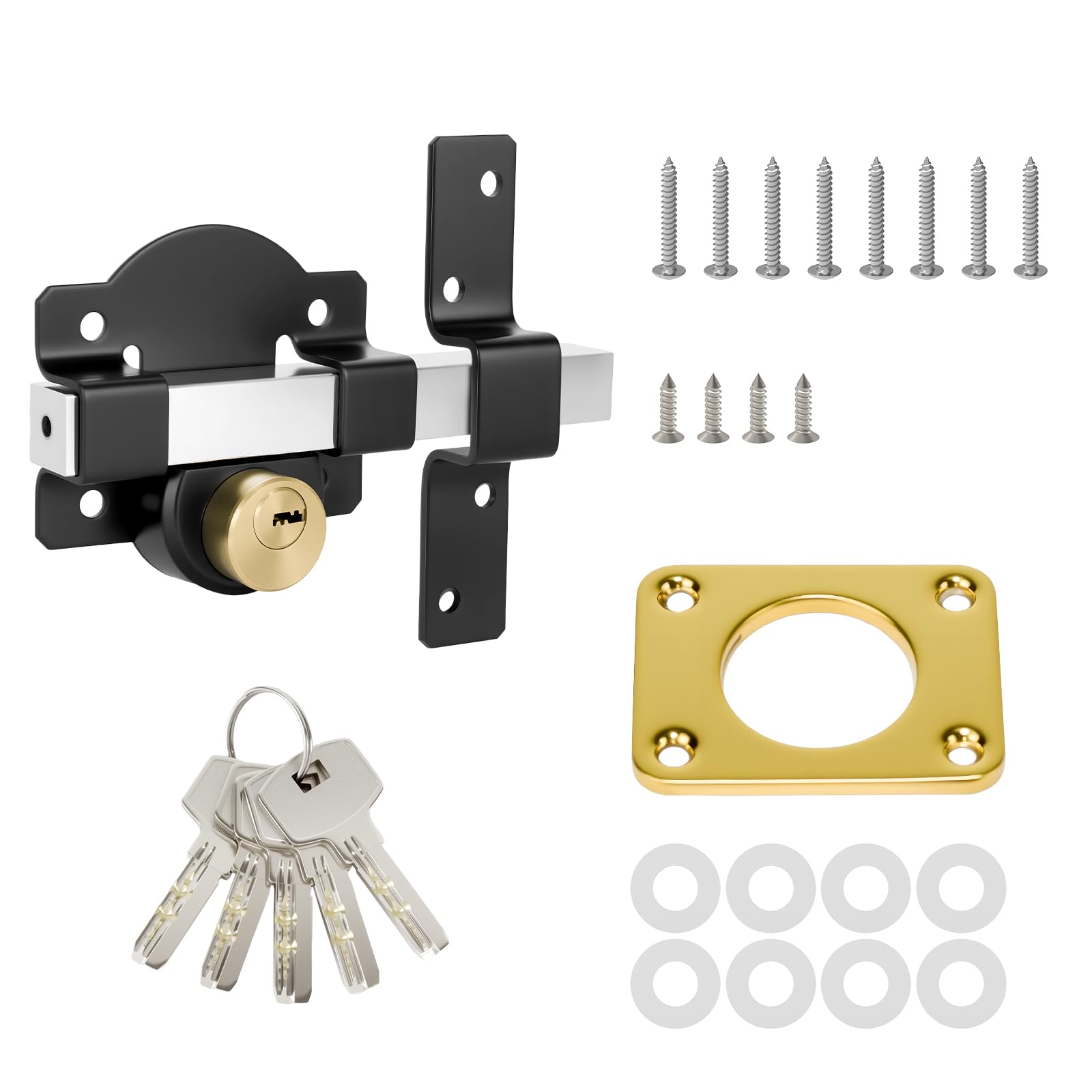 Heavy Duty Crossbar Locking Latch 5 Keys Padlockable Shed Gate Lock with Screws & Rust-Proof Washers, Security Door Hasp Lock for Sheds, Gates, Cupboards, Trailers, Outdoor/Indoor Use - Chrome Finish