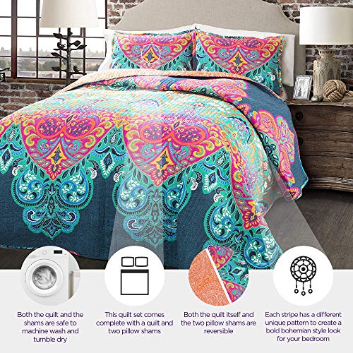 Lush Decor Boho Chic Reversible Cotton Quilt 3-Piece Set, King, Turquoise & Navy - Bright Paisley Print, Vibrant & Colorful Bohemian Bedding Set