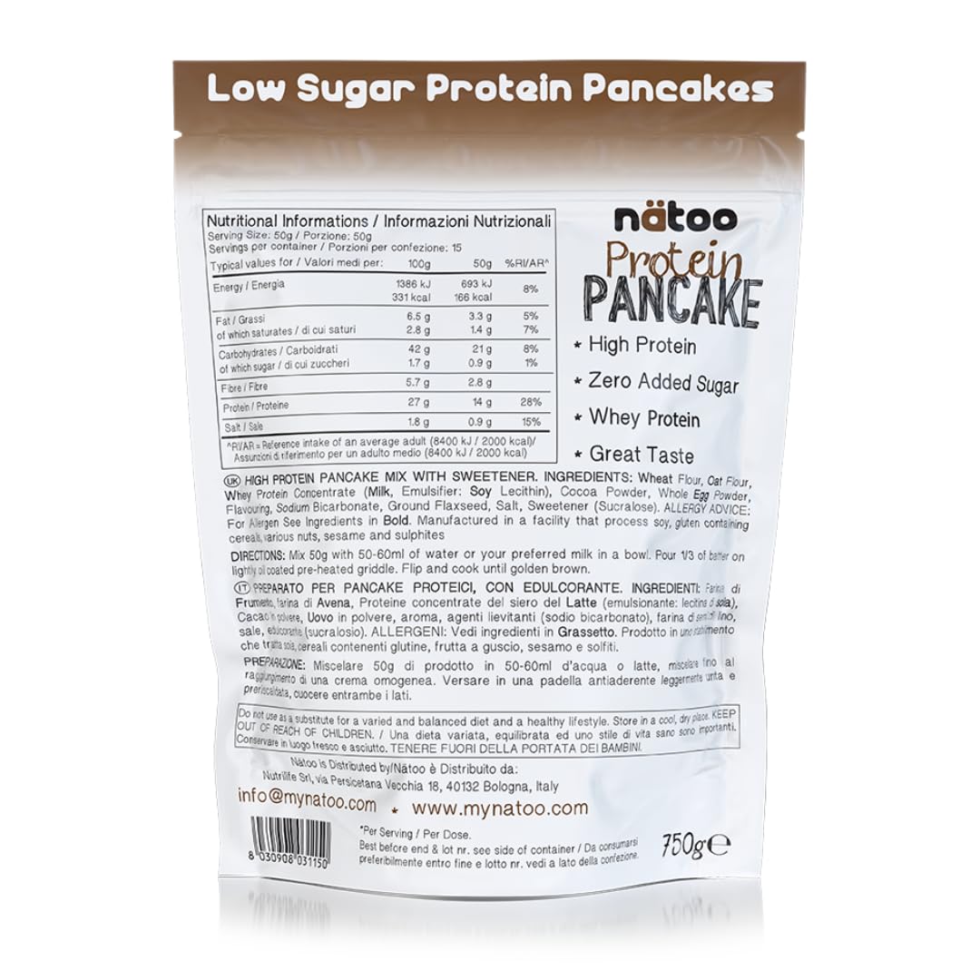 NÄTOO Pancake Proteici - Preparato per pancake con il 35% di proteine di alta qualità - Pancake pronti con farina proteica solo 1,5g di zuccheri - 750gr. (Choco & Nut)