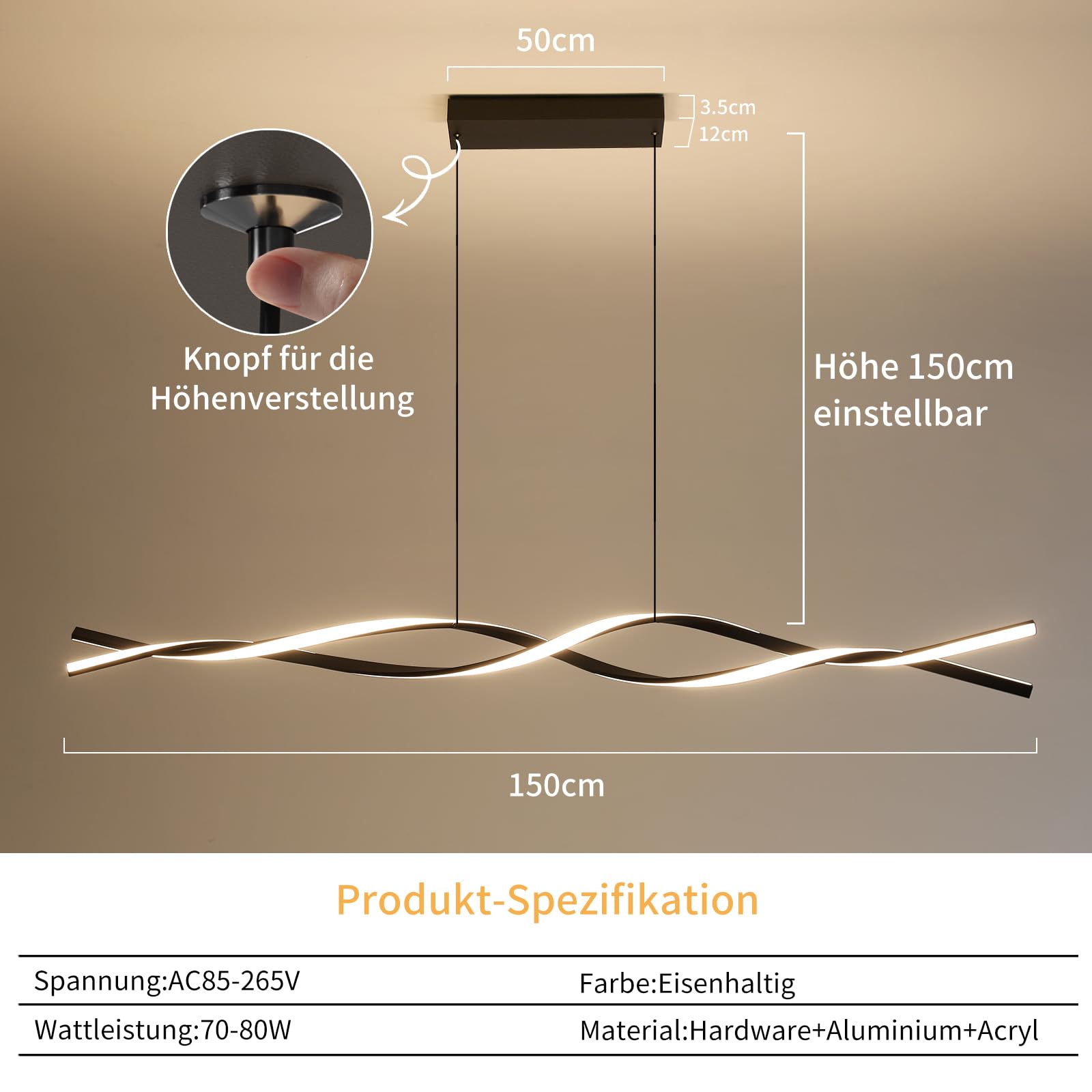 Mikeru 150CM Luce a Pendente Onda, Luce a Onda Isola Nera Moderna 3000K/4500K/6500K 3 Colori 10%-100% Dimmerabile Lampadario Lineare Regolabile con Lunghezza del Cavo Regolabile per Soggiorno