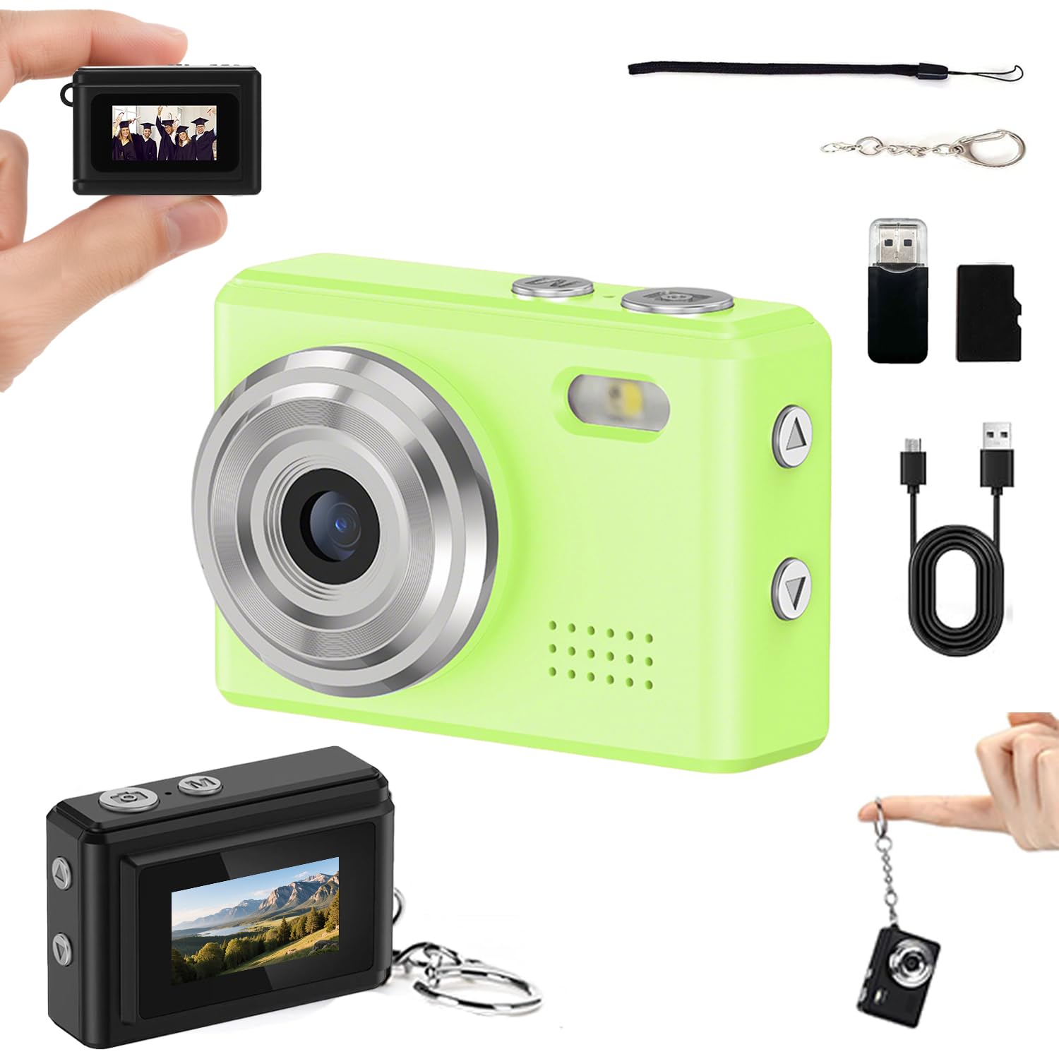Mini Digital Camera Keychain Tiny Pixel Hd 1080p Retro Keychain Camera Micro Portable That Works Camera for Travel Study Recording (Green 32G)