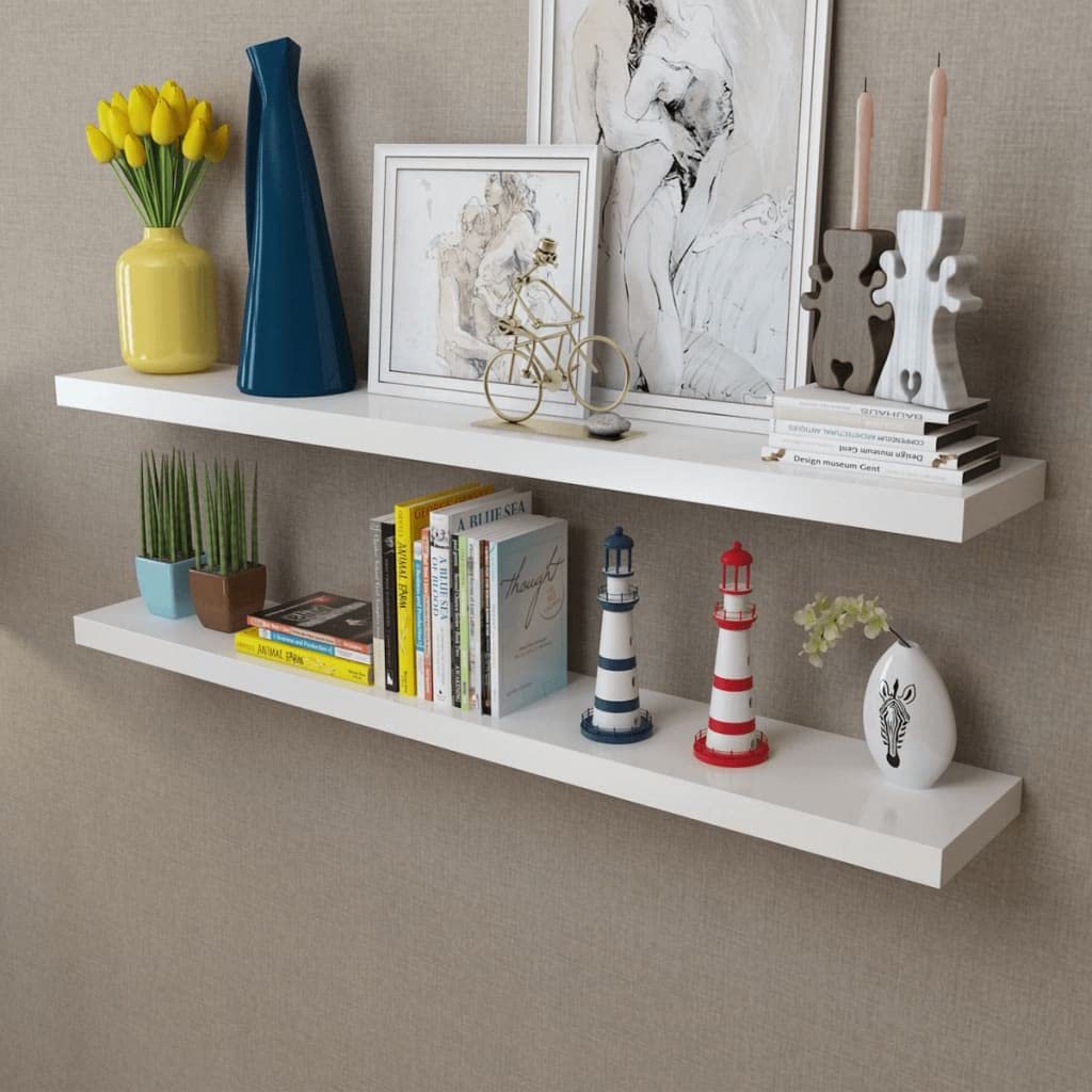 Lot de 2 étagères murales en MDF blanc avec montage mural invisible - 120 x 20 x 3,8 cm - Étagère suspendue pour livres, décoration, rangement dans le salon, la chambre à coucher, la cuisine