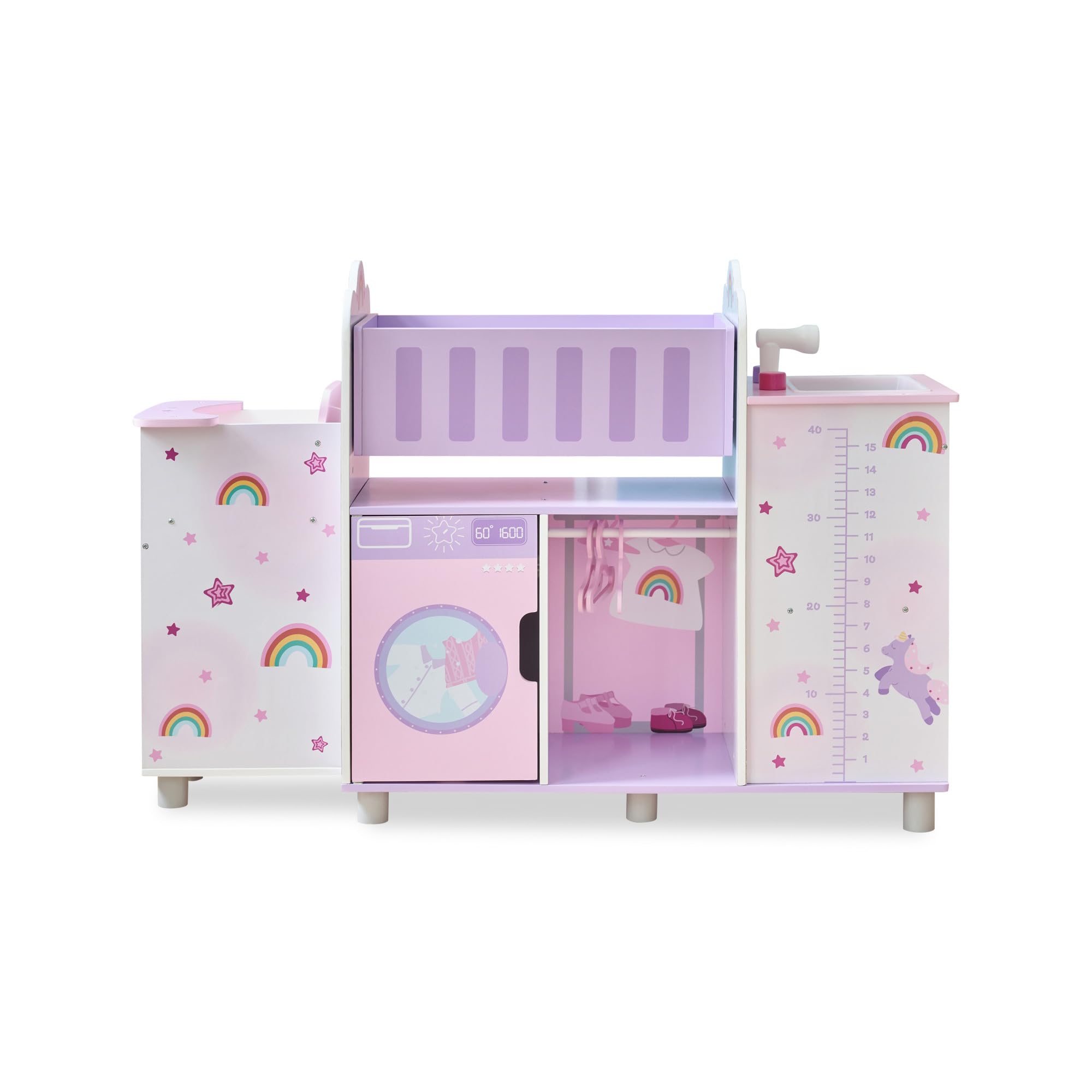 Olivia's Little World Nursery 6 w 1 drewniana lalka z łóżeczkiem, zlewem, wysokim krzesłem, szafką, pralką i wbudowanym przechowywaniem