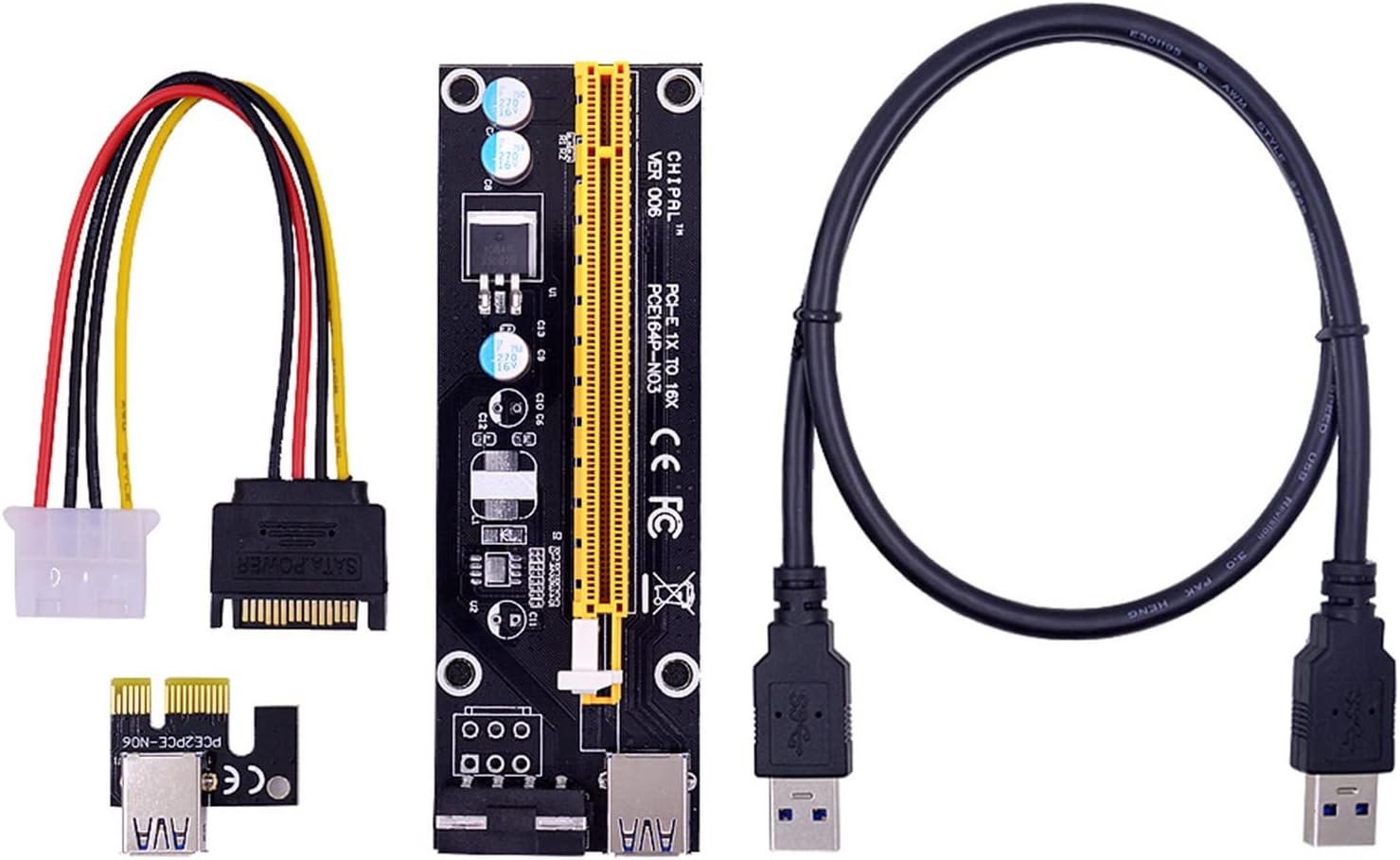 100PCS VER006S PCI-E 1X to 16X Riser Card Extender 60CM USB 3.0 Cable/SATA to 4Pin Power Cord for Video Graphics Card(0.6M)