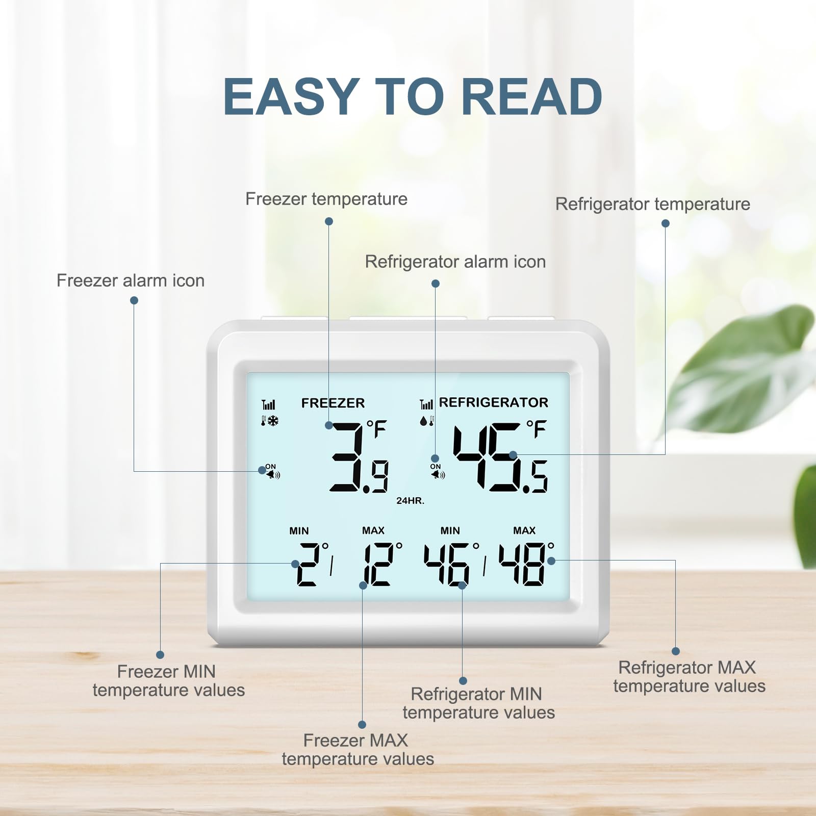 Kühlschrankthermometer,Alarmfunktionen, 3.7in LCD große digitale Anzeige mit 2 kabellosen Sensoren Kühlschrank/Gefrierschrank verfügbar,℃/℉,Hausgebrauch und Restaurant