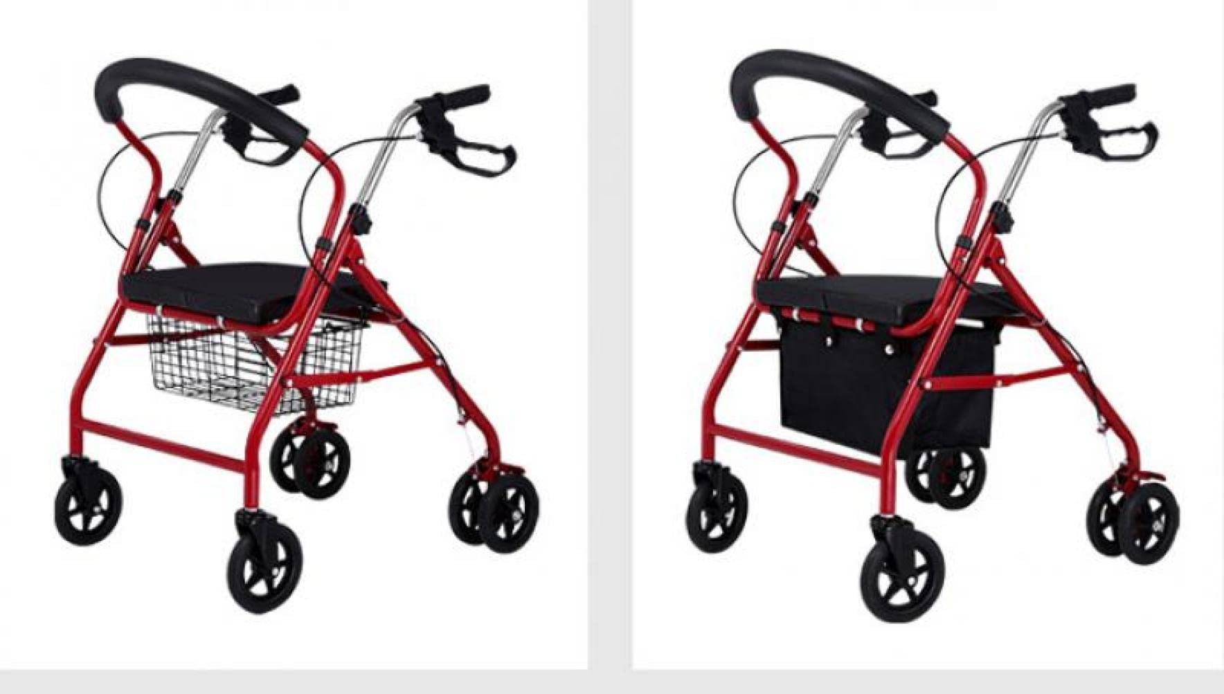 NOBRIM Walker składane regulowane ramiona do starszych przenośnych wózków z czterema kółkami mogą być pchane i siedzące, wspomagające mobilność, czerwone