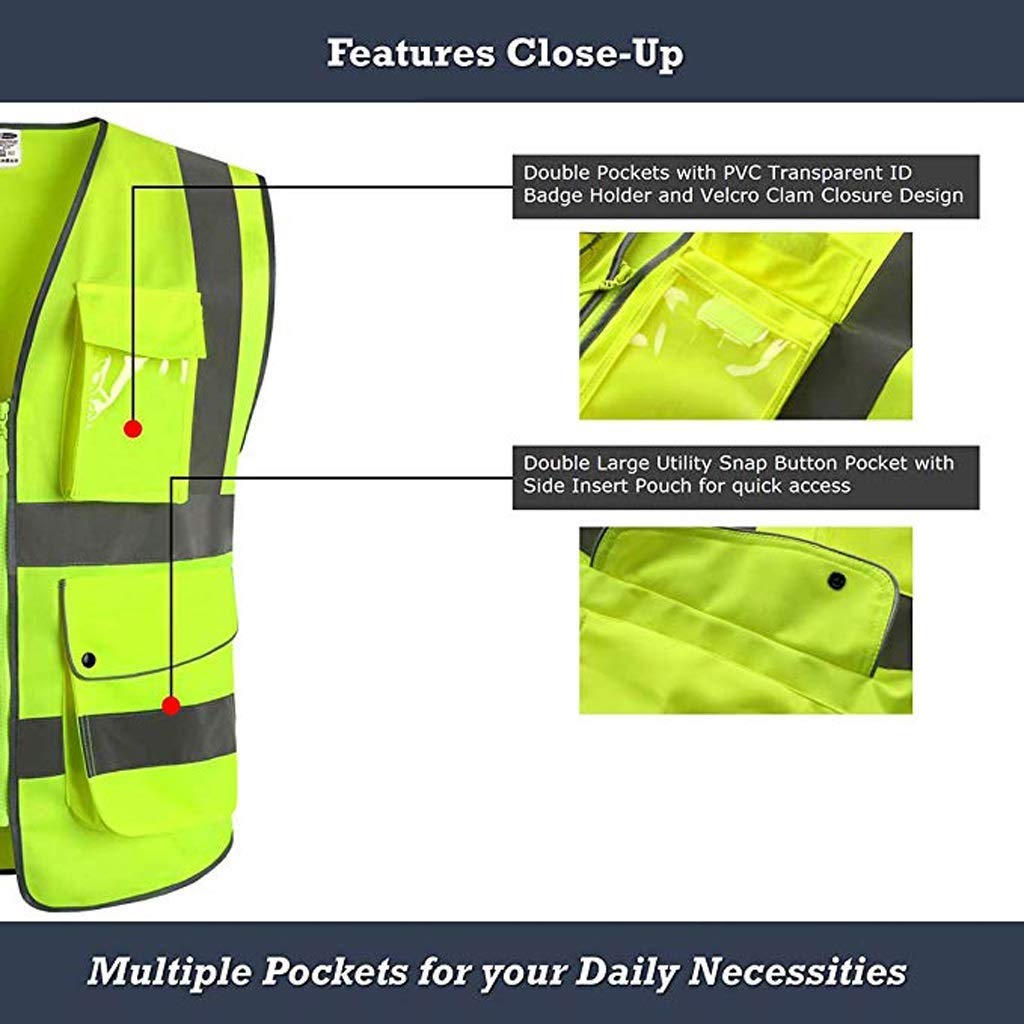 Chaleco de Seguridad para Hombre, Chaleco Reflectante de Seguridad 100% poliéster Cómodo y Transpirable Cremallera/Bolsillo Chalecos Reflectantes de Alta Visibilidad 2 Piezas (Amarillo, L)