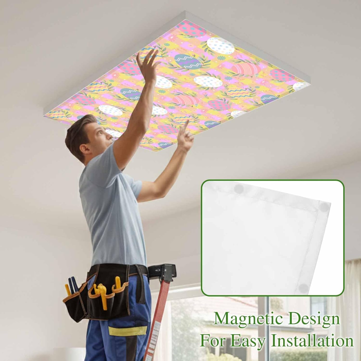 Easter Bunny Fluorescent Light Covers for Ceiling Lights 4x2 feet,4 Pack Magnetic Light Filters for Classroom,Colorful Eggs Spring Leaves Daisy Yellow Pink Plaid Fluorescent Lamp Shade Panel