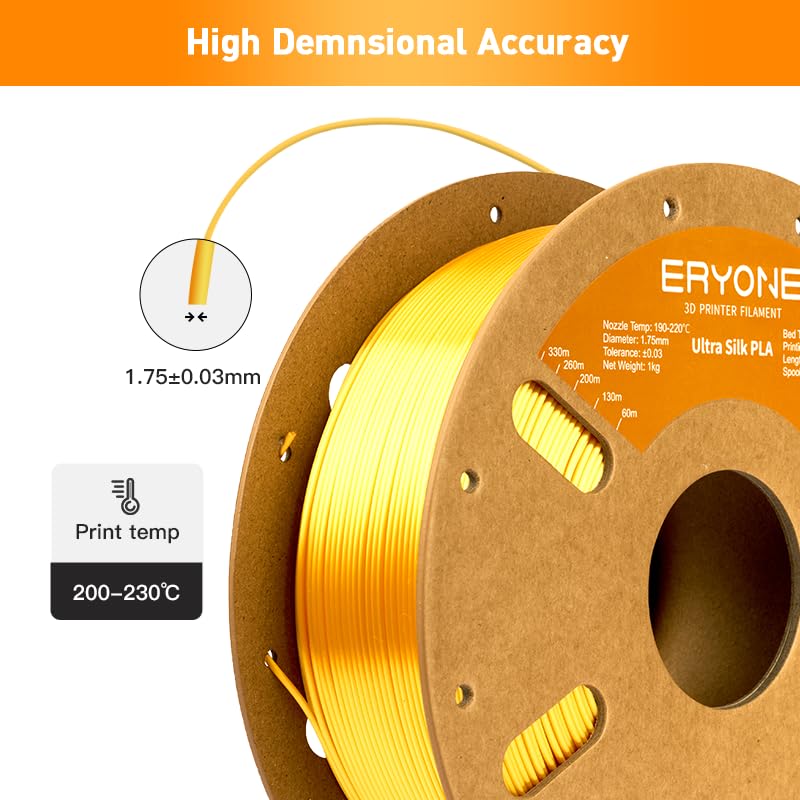 Image of ERYONE Silk Filament PLA+ 1.75mm Upgraded Shiny 3D Printer Filament, Gloss Finish, Fit Most FDM Printer Stable Printing,1kg (2.2LBS) /Spool, Gold