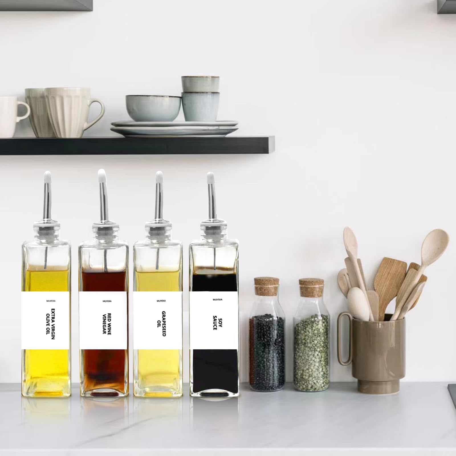 Botella dispensadora de aceite de oliva para cocina, dispensador de aceite de cocina de 500 ml, juego de botellas dispensadoras de aceite y vinagre, recipiente de aceite de vidrio con 4