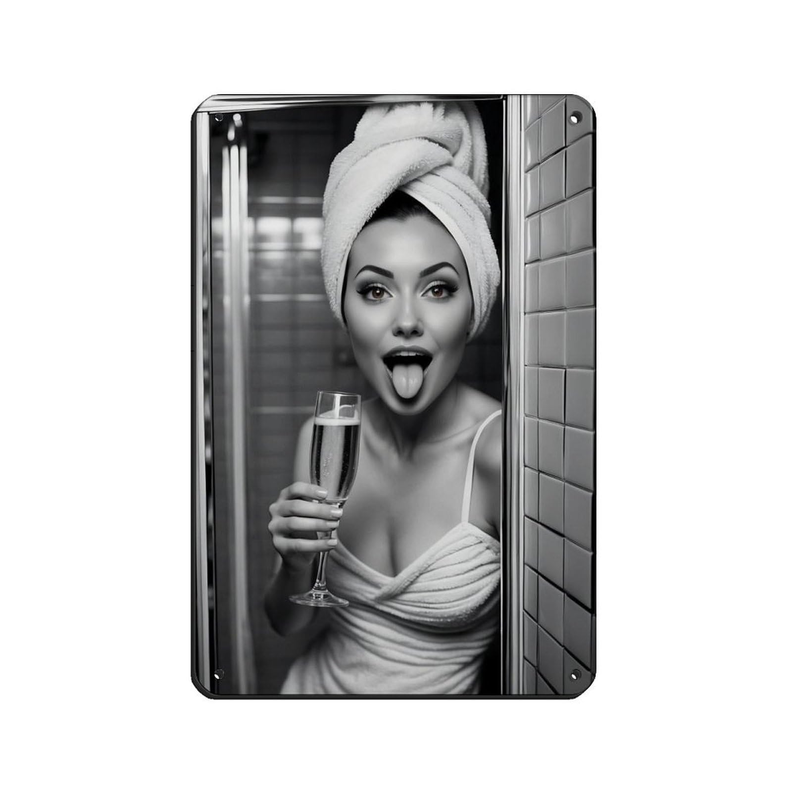 Glamorous Woman with Champagne Monochrome Tin Sign Vintage Metal Pub Club Cafe Bar Home Wall Art Decoration Poster Retro 8x12inch(20x30cm)