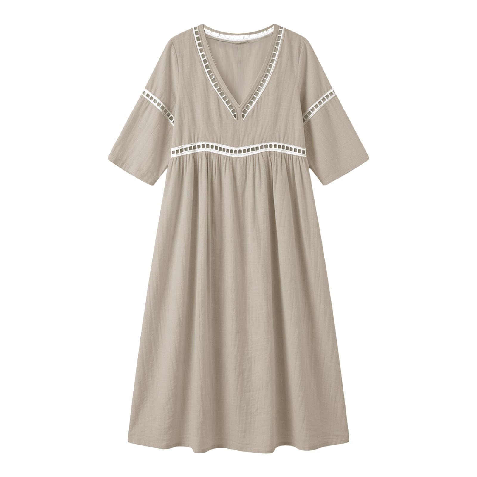 Vestido De Lino Verano De Las Mujeres Manga Corta Vestido Verano Vestidos Lino Midi Las Mujeres Algodón Blusa Vestidos Casuales Holgados Ligeros y fluidos para Roba Ligera y Elegante Playa Vacaciones