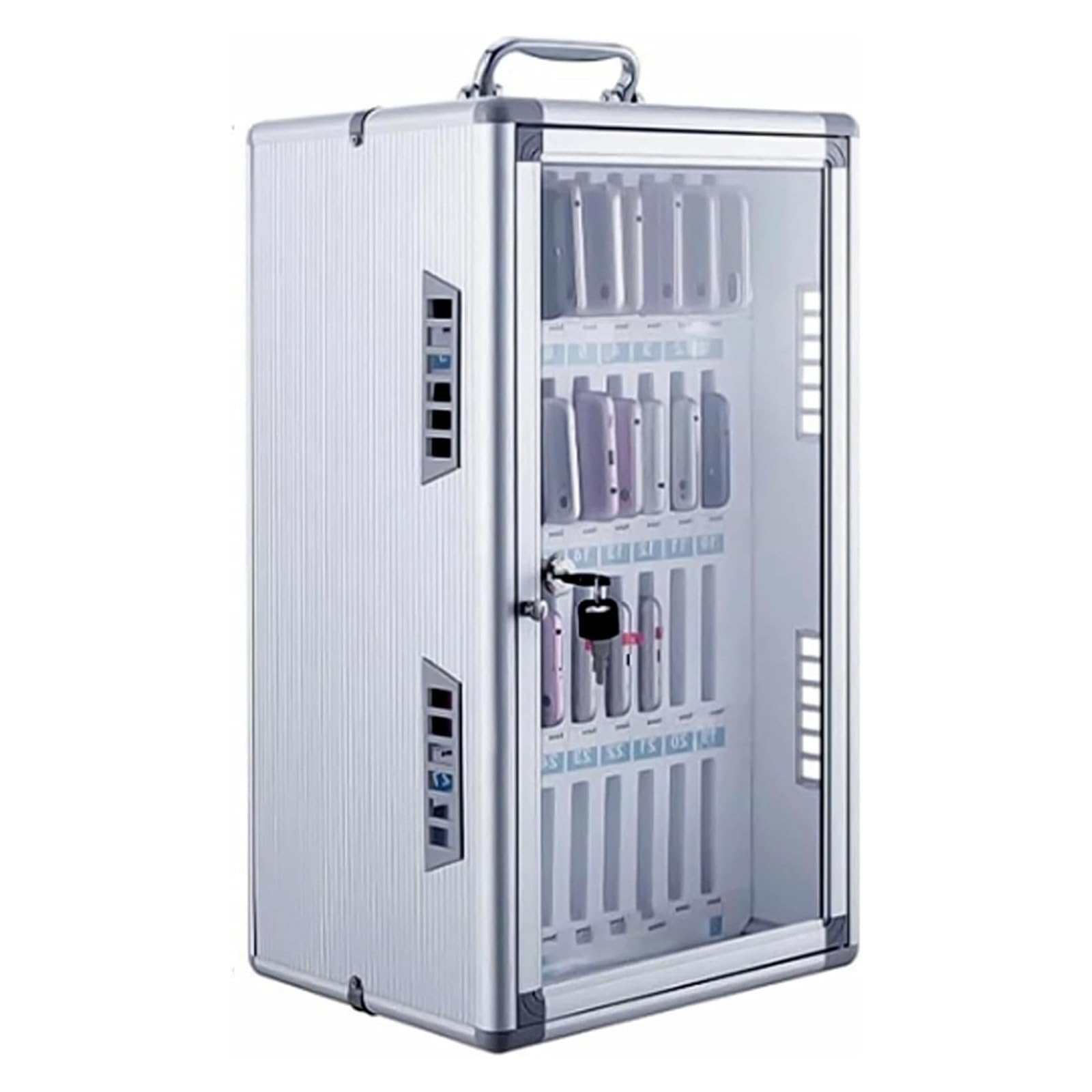 Caja fuerte para teléfono móvil con cerradura con llave, transparente, 36 ranuras, portátil o montado en la pared, plata, 315 x 195 x 495 mm, para escuela y hotel, caja fuerte para teléfono