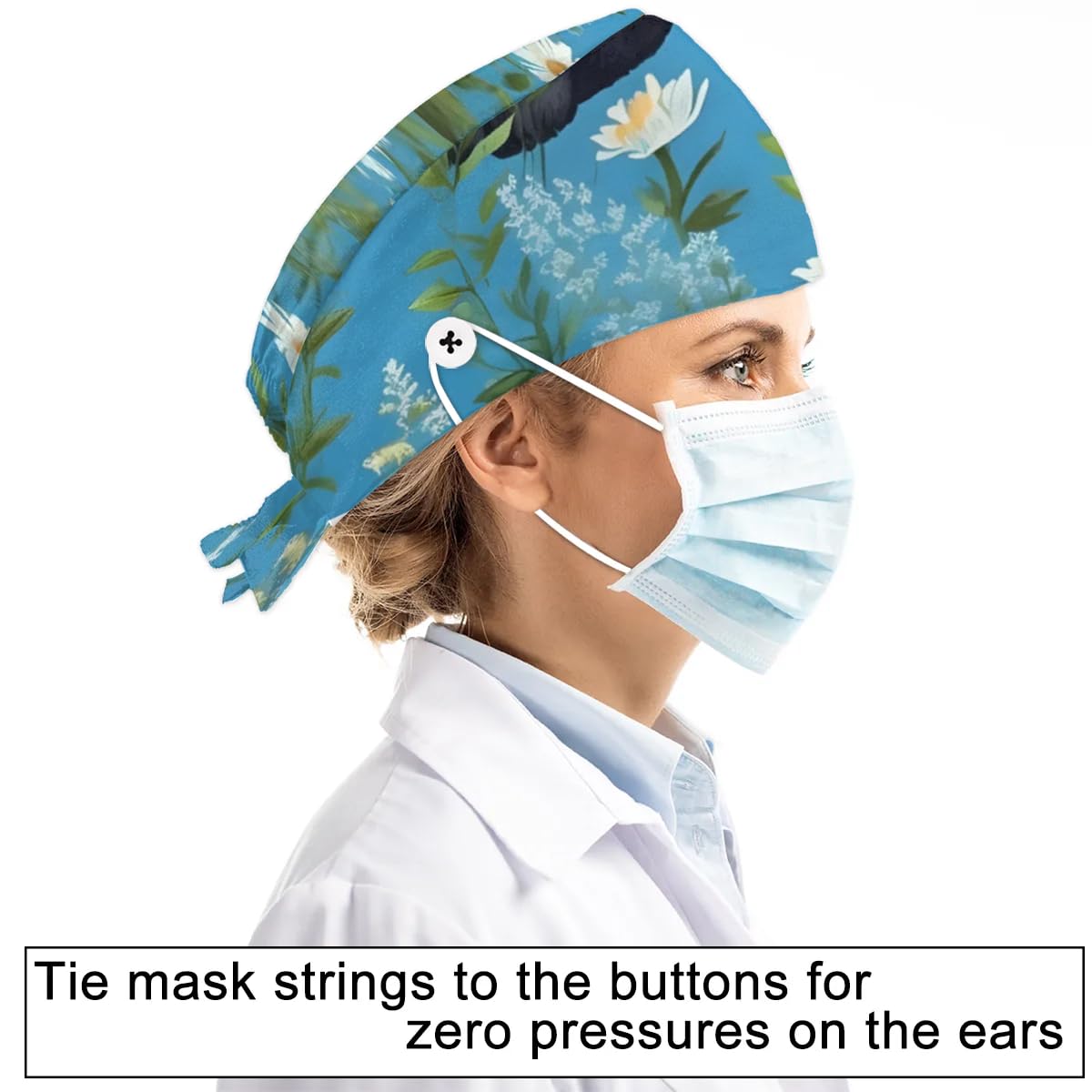 Mularoka Pandas Flowers Watercolor Working Caps with Button Sweatband Comfortable Adjustable Bouffant Hats Work Hat for Women Men