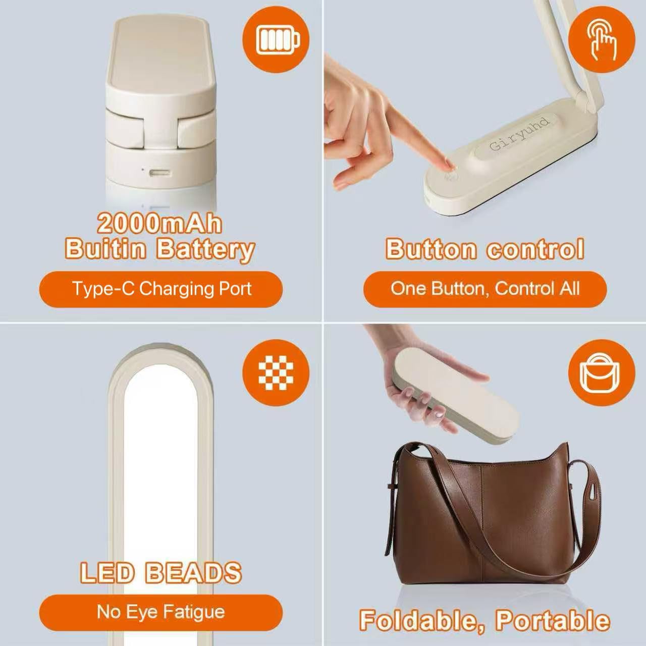 Giryuhd LED Schreibtischlampe für Büro Zuhause & Batteriebetriebene Lampe Wiederaufladbare Lampe Faltbare & Tragbare Leuchte LED Schreibtischlampe 3 Helligkeit Dimmbar Kleine Schreibtischlampe