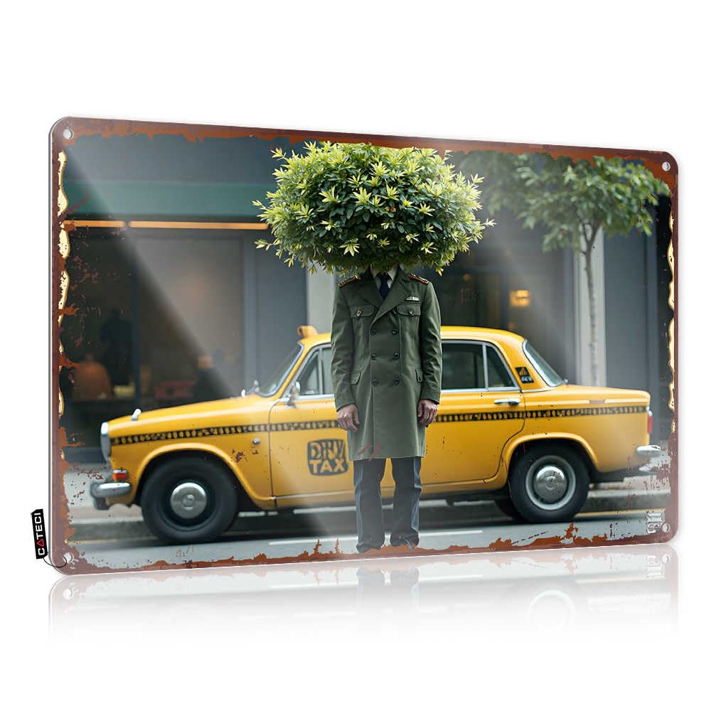 Fzfn Colour Indie Room Decor, Signs Entrance Nice Man In Uniform With Plant Instead Of Head Next To Yellow Taxi | Rustic Fun Wall Art(30X40cm)