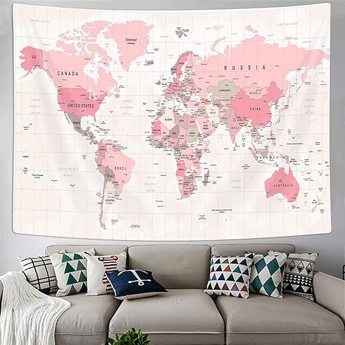 Miniatura 4 de Tapiz rosa con mapa del mundo, mapamundi, topografía vintage, pósteres educativos para universitarios, niños, estudiantes, dormitorio, arte de
