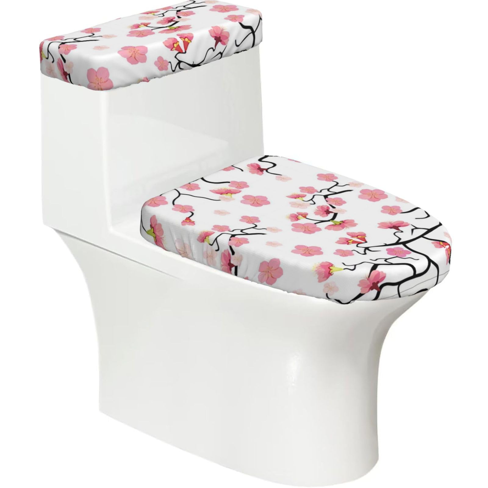 Cherry Japanese Cherry Blossom 2-Piece Toilet Seat Cover Set with Tank Lid - Elastic for U-Shape & Elongated - Bathroom Decor