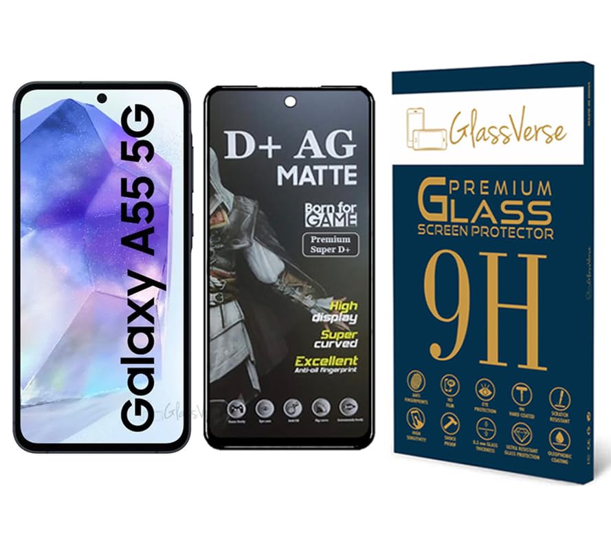 GlassVerse D+ Matte Tempered Glass With 18H Hardness For Samsung Galaxy A55 5G Cellphone(Pack of 1) Full Screen Protector With Free Installation Kit Full Screen Coverage-6.6 Inch