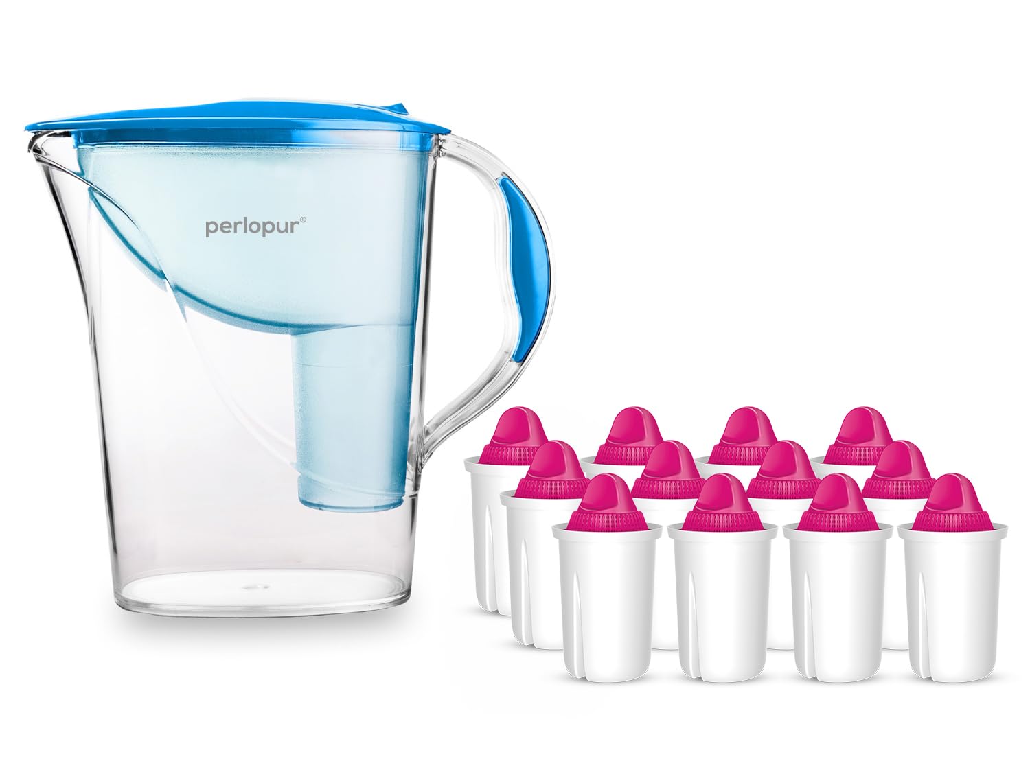 Wasserfilter Standard (blau) +12 Filterkartuschen AquaMag | 2,4 l gesamt, 1,2 l gefiltert, kompakt, stabil, BPA-frei, für classic Kartuschen, Magnesium-Zugabe, ideal für Kaltgetränke