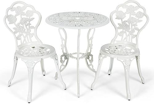 Miniatura 9 de Tangkula Juego de 3 muebles de patio bistró para exteriores, de aluminio, sillas y mesa con agujero para sombrilla, juego de comedor de patio para