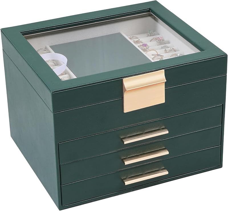BOOVO Joyero con tapa transparente, organizador de joyas de 3 capas, caja de almacenamiento de joyas grande con 2 cajones, organizador de anillos, pendientes, collares, pulseras para mujeres (verde oscuro, 4 capas)