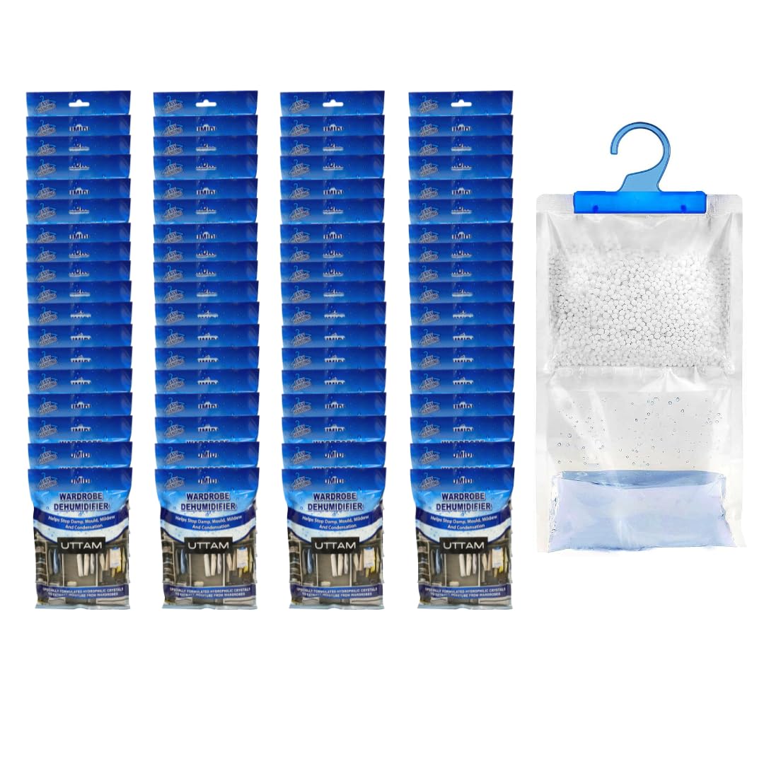UTTAM Wardrobe Dehumidifier Hanging Bags Bulk Pack, Condensation, Dehumidifiers for Damp, Mould, Moisture Absorbers, Bedroom, Caravan, Bathroom, Basement, Office (210g Each) (Pack of 72)