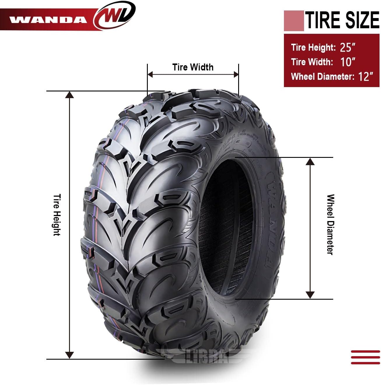WANDA Set of 2 Premium 8PR ATV UTV Tires 25x10-12 25x10x12
