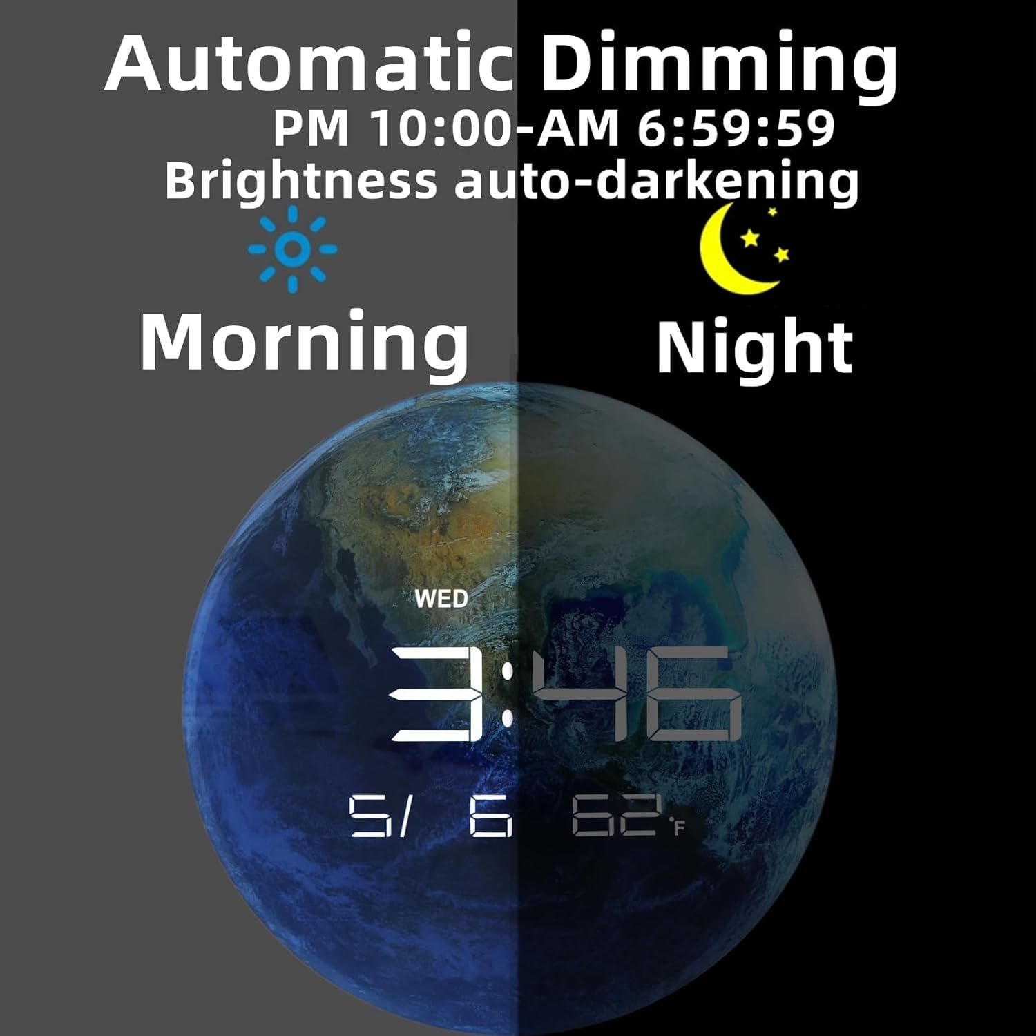 13" Digital Wall Clock with LED Display, Calendar & Temperature, Automatic Dimming, 12/24hr Format, USB Powered, Wall & Desk Use - HUI-8859