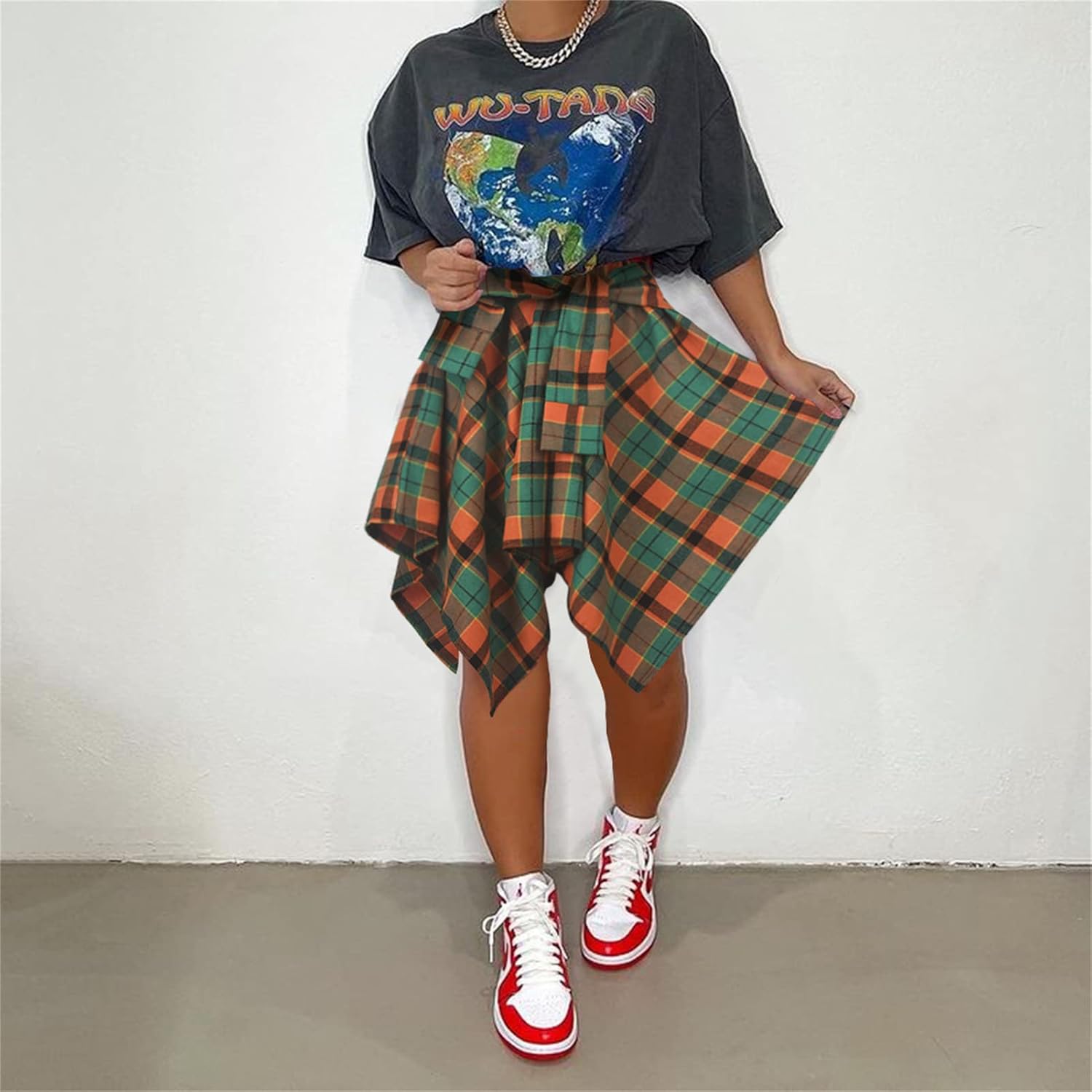 Women's Plaid Skirts High Waisted Knot Front Asymmetrical Hem Mini Skater Skirt