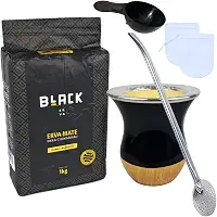 Kit Chimarrão com Erva Clássica Moagem Fina 1Kg + Cuia Preta Imitação madeira + Bomba Inox 23 CM (TRADICIONAL)