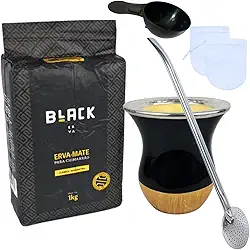 Kit Chimarrão com Erva Clássica Moagem Fina 1Kg + Cuia Preta Imitação madeira + Bomba Inox 23 CM (TRADICIONAL)