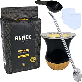 Kit Chimarrão com Erva Clássica Moagem Fina 1Kg + Cuia Preta Imitação madeira + Bomba Inox 23 CM (TRADICIONAL)
