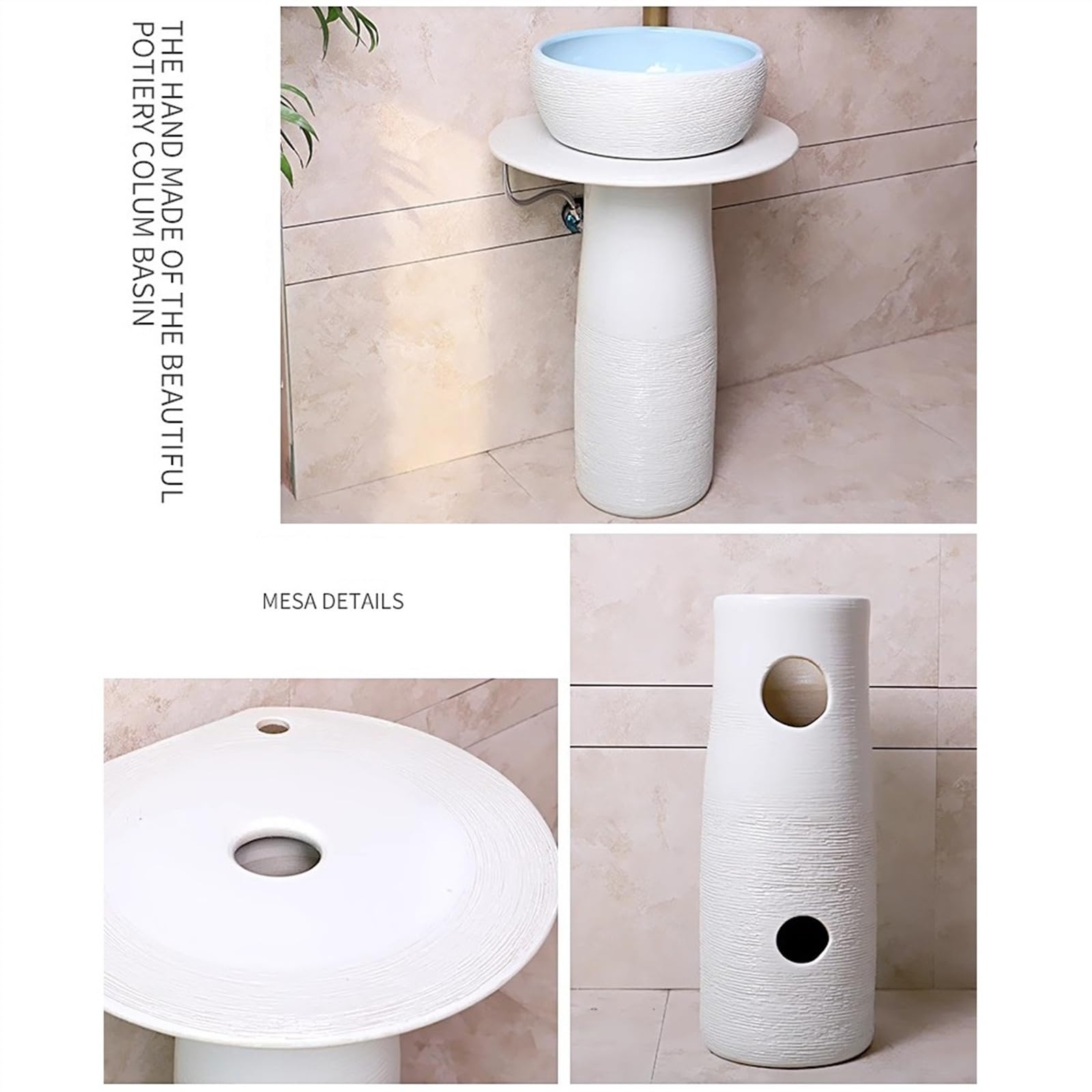 Lavabo su Colonna da Bagno in Ceramica con Rubinetto, Set di Scarico e Specchio - Piedistallo per Interni ed Esterni