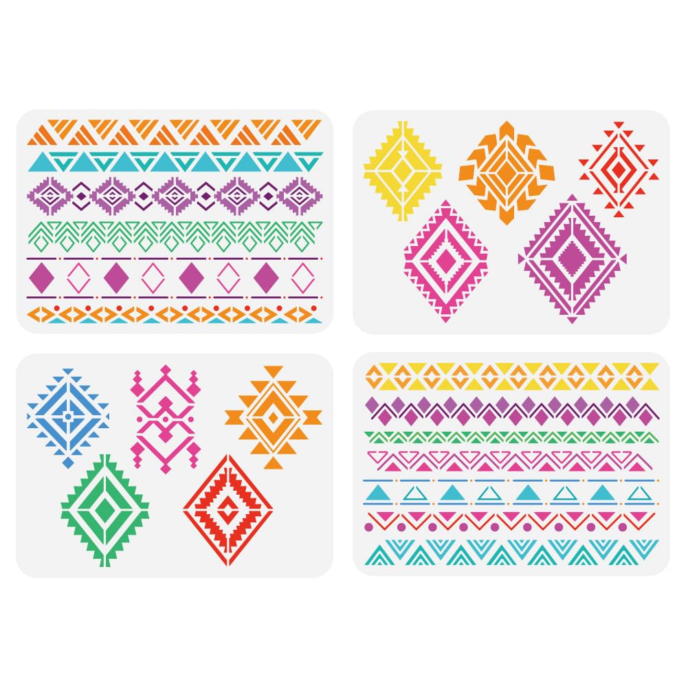 FINGERINSPIRE 4PCS Tribal Geometric Painting Stencil 8.3x11.7inch Boho Aztec Design Stencil Bohemian Theme Floral Pattern Template for Painting on