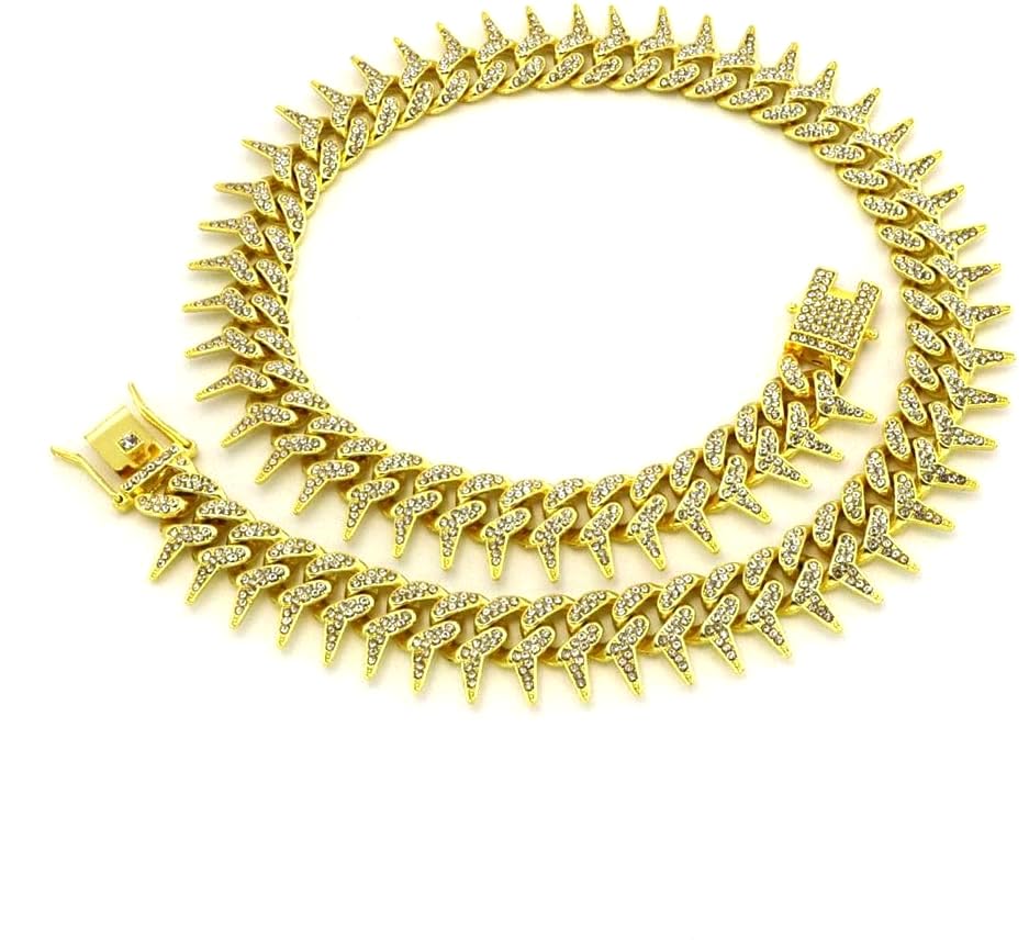 Image of Dog Chain Collar, Side Spiked Style Necklace Bling Diamond Cuban Link Dog Collars Glitter Rhinestone Puppy Collar for for Small Medium Large Pet Dogs (Gold, 20 Inch)