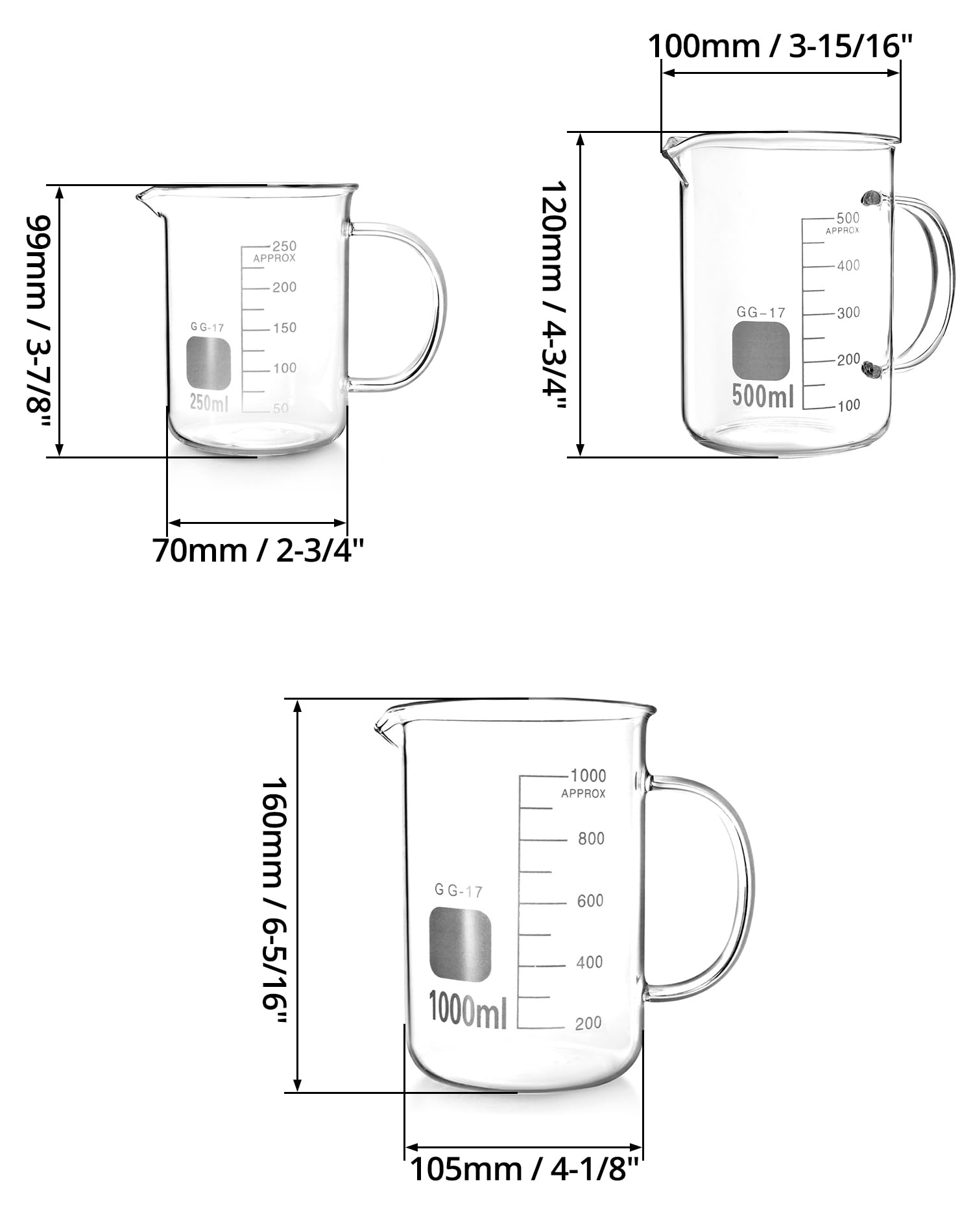 QWORK Kit de taza medidora de vidrio de borosilicato, 3 piezas (500 ml + 1000 ml + 250 ml) taza de vaso con asa, boquilla en forma de V, vaso de medición