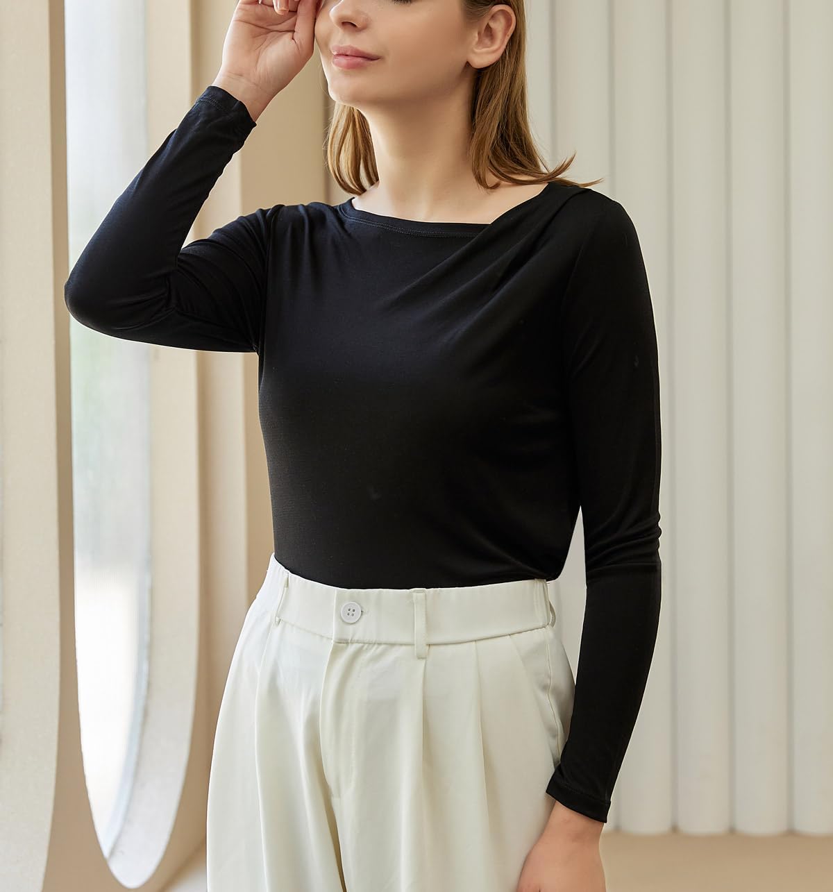 Women's Silk Top Long Sleeve Pure Silk T Shirt Breathable Thermal Undershirt Ultra Soft Silk Blouse - Image 5