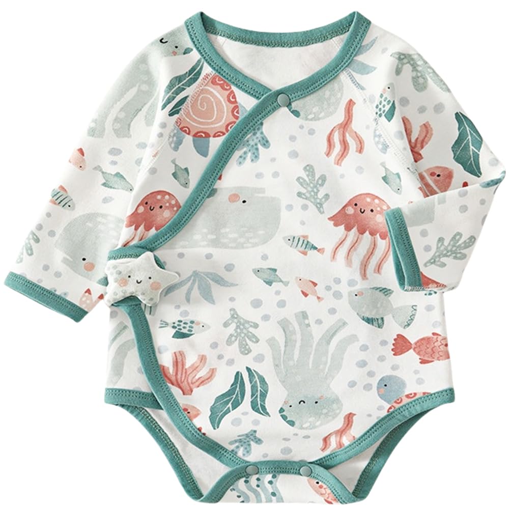 BINIDUCKLING Kimono Style Baby Wrap Over Long Sleeve Bodysuit with Cute Animal Shaped Hook and Loop Closure