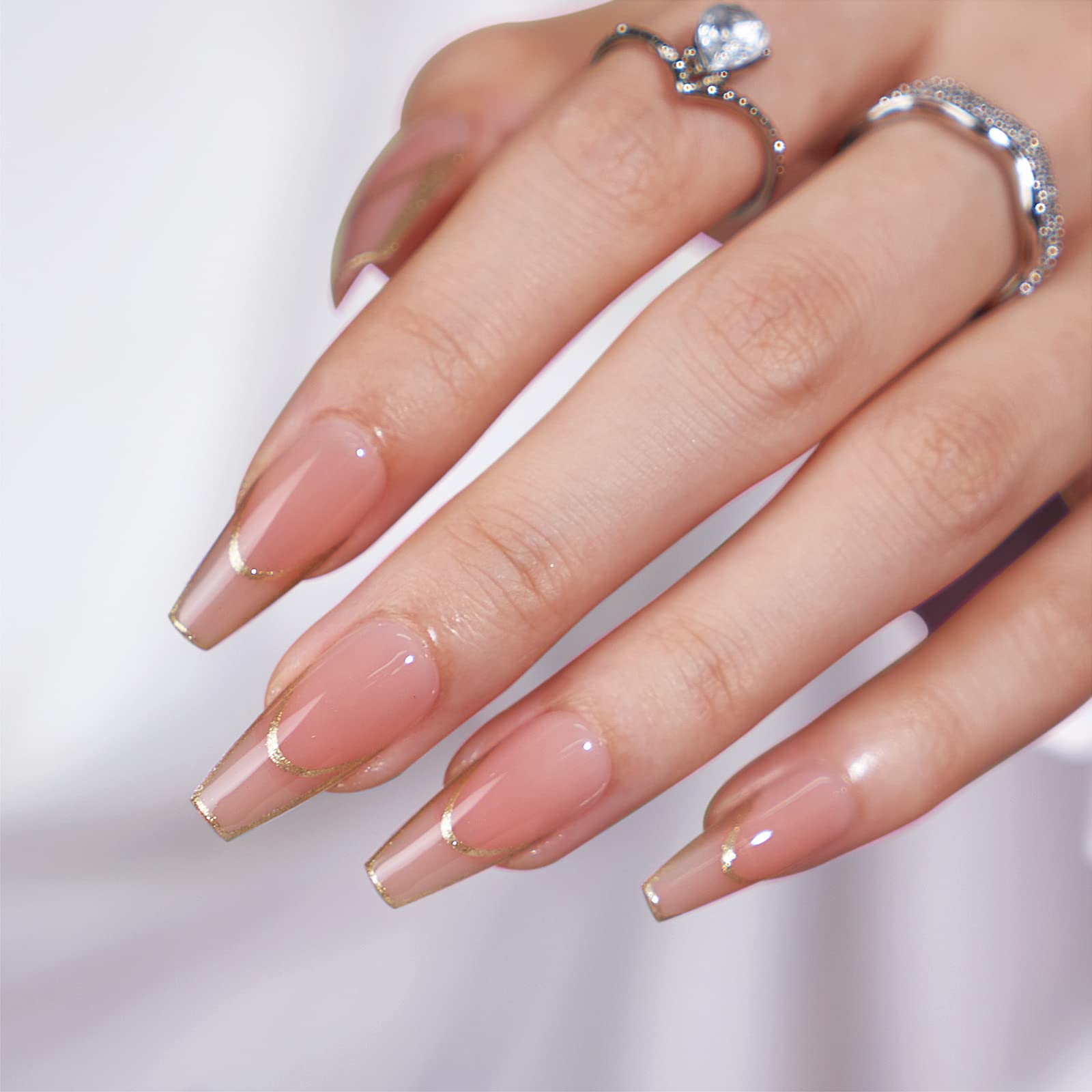 BTArtbox Press on Nails Long - Rose Gold Outline Designed French Tip Press on Nails, Coffin Glue On Nails, Reusable Soft Gel Stick On Nails with Nail