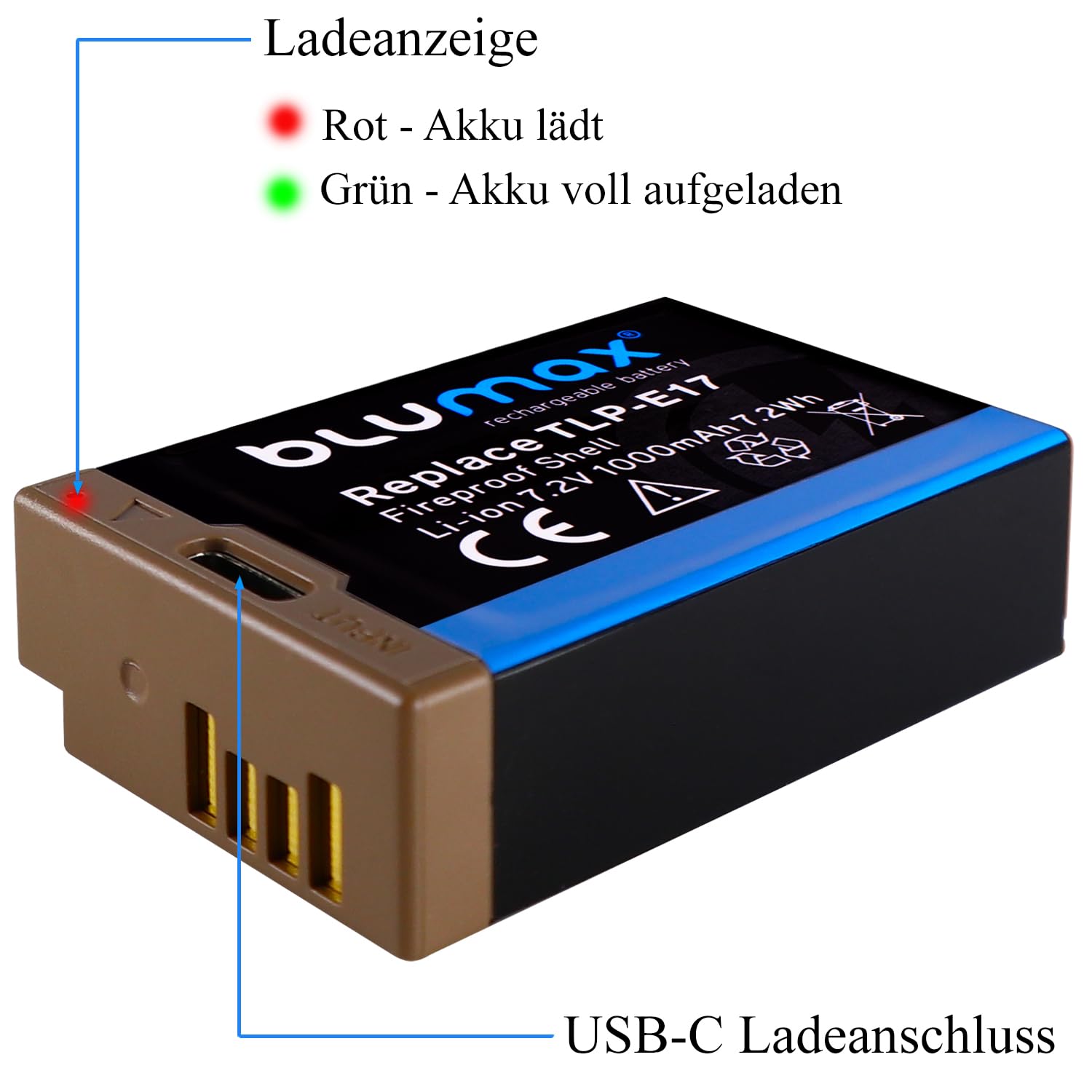 2 x Blumax Battery LP-E17 USB Type C Input 1000mAh Compatible with Canon, EOS, RP, R8, R10, R100, 77D, 200D, 250D, 750D, 760D, 800D, 850D, 60345