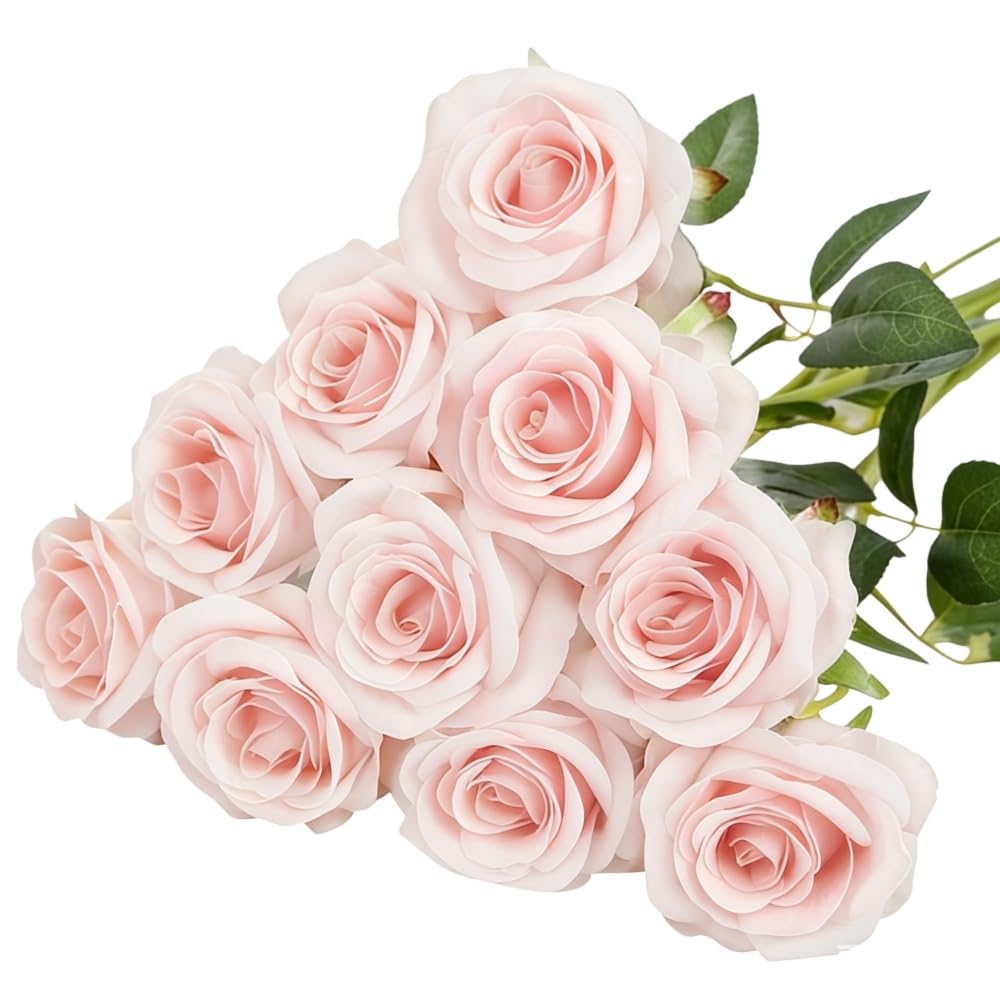 Yigeitopli 10 Pcs Silk Pale Pink Artificial Roses with Stems, Faux Silk Flowers 19.7 Inches Long, Decorative Rose for Wedding Party Hotel Home Indoor Outdoor Table DIY Decor