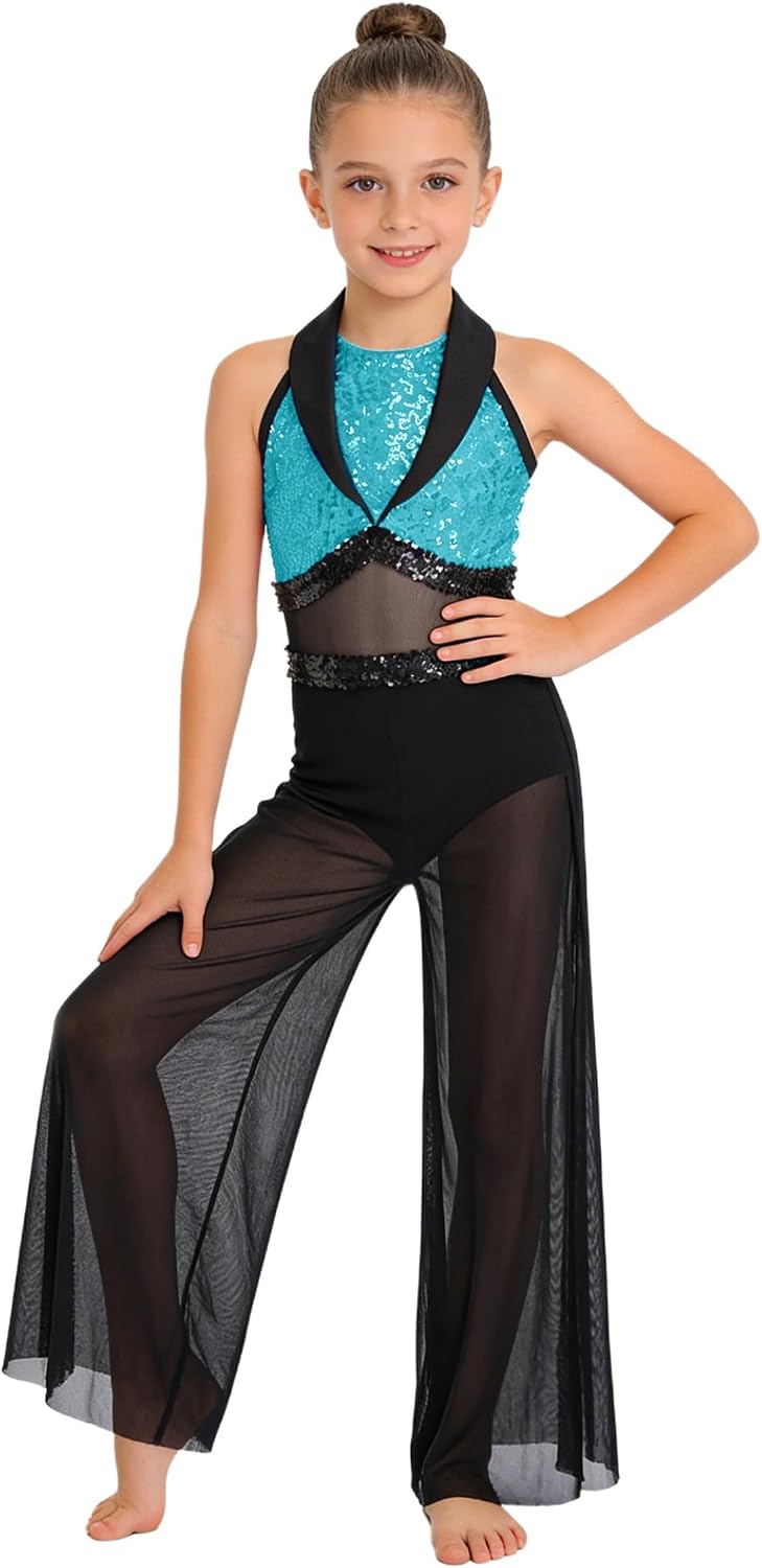 Jhaoyu Girls Sequin Jazz Dance Leotard Sleeveless Wide Leg Modern Lyrical Dance Jumpsuit for Stage Performance