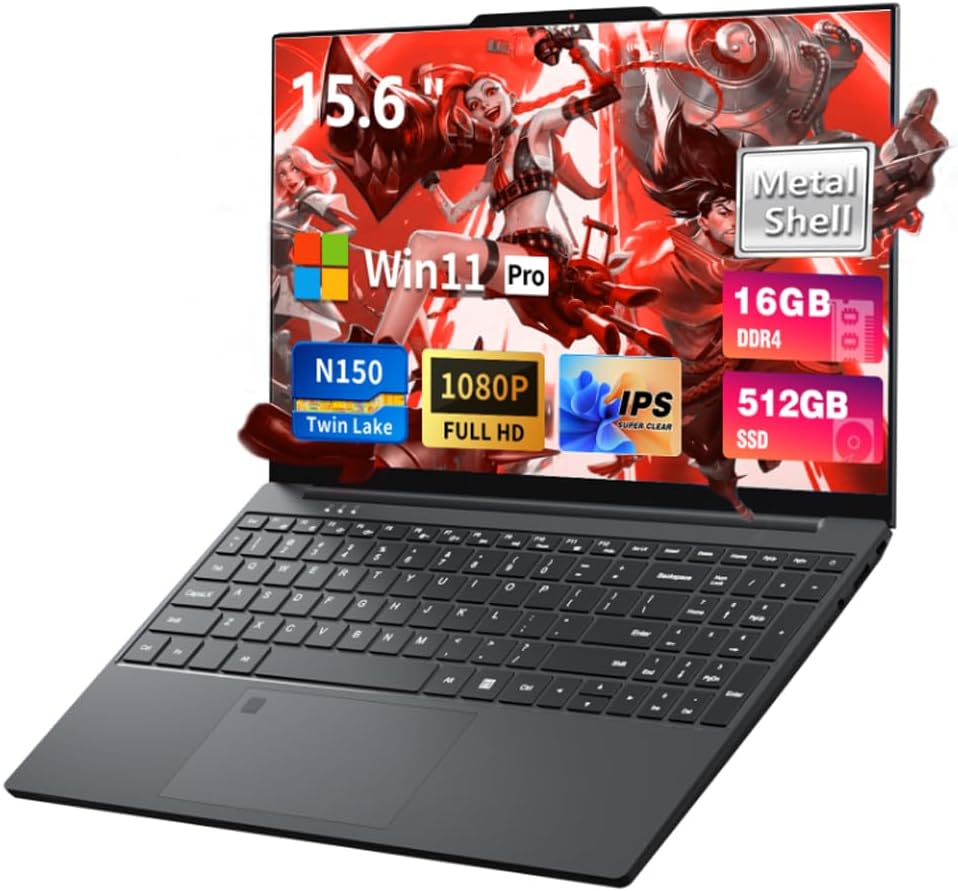 2025 Laptop, 15.6 inch Laptops with N150 Processor(Beat to i3-1115G4, up to 3.6GHz), Gaming Laptop 16GB RAM 512GB SSD, Laptops Computer Metal Shell, Fingerprint Unlock, MINI HDMI 100W Webcam Numpad